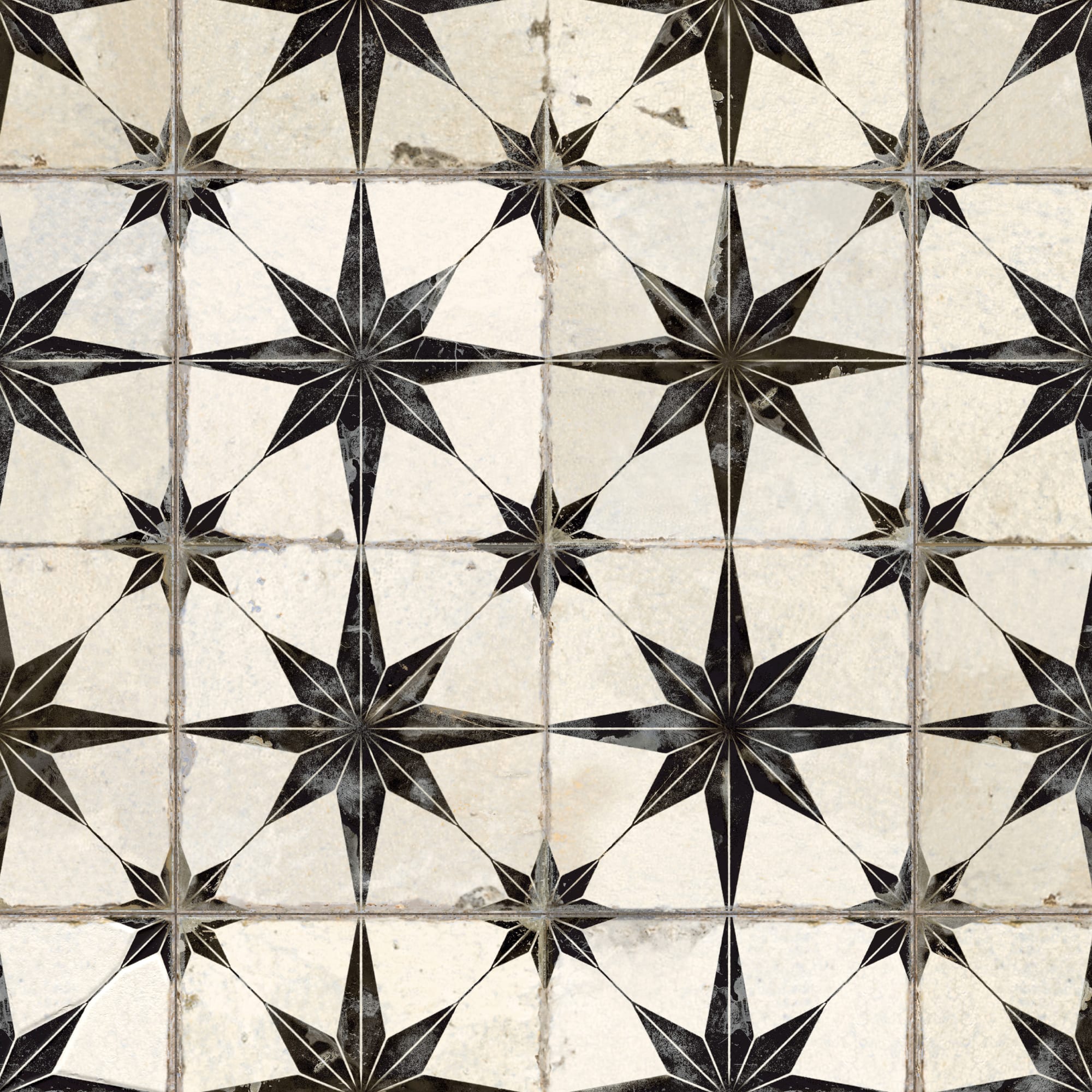 Carrelage Vintage effet Carreau ciment 3D Etoile Noire et Fond Blanc 45x45x0,95 cm Sparta - Sol et mur intérieur Peronda