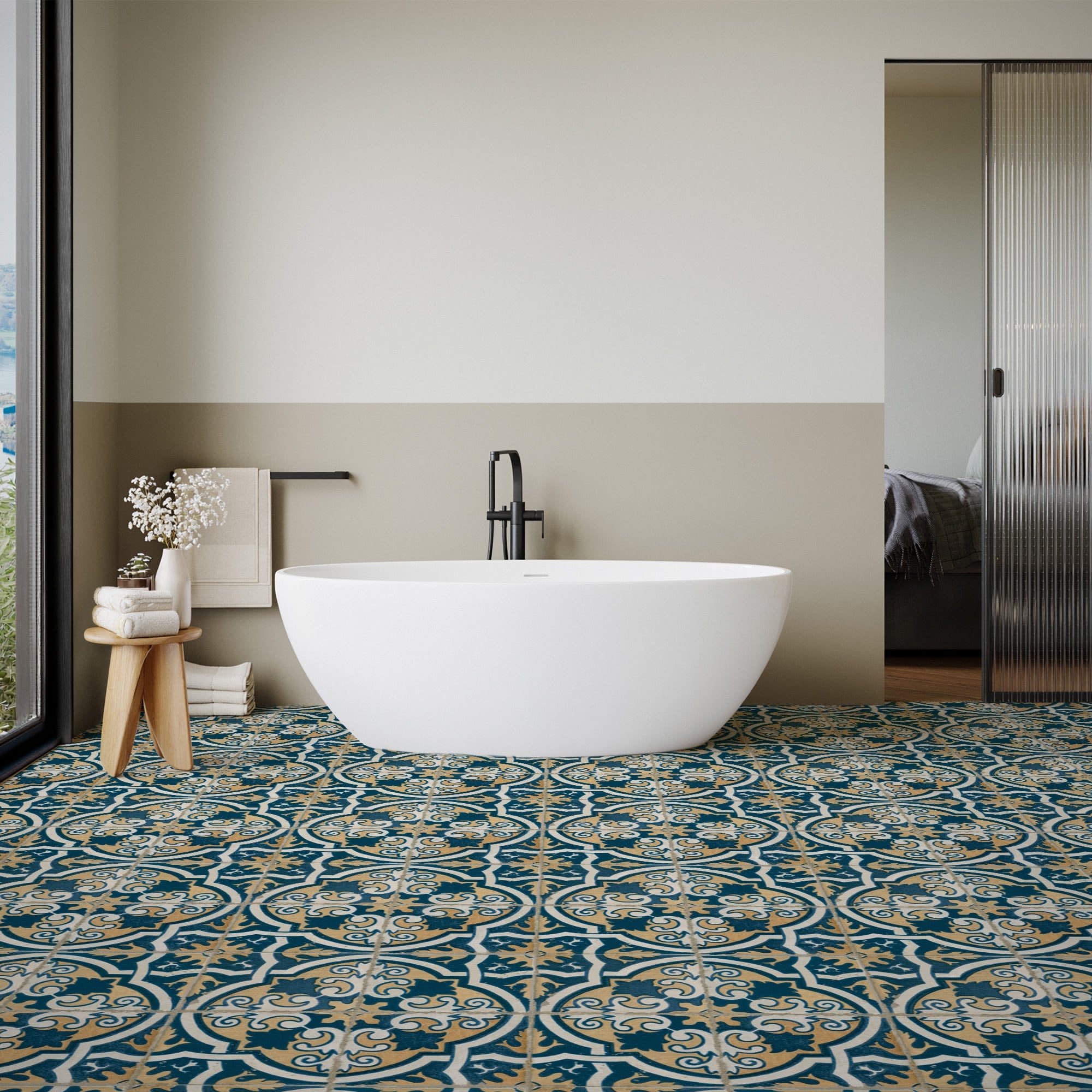 Carrelage Vintage effet Carreau ciment Bleu Ephesos 45x45x0,95 cm Azoria - Sol et mur intérieur Peronda
