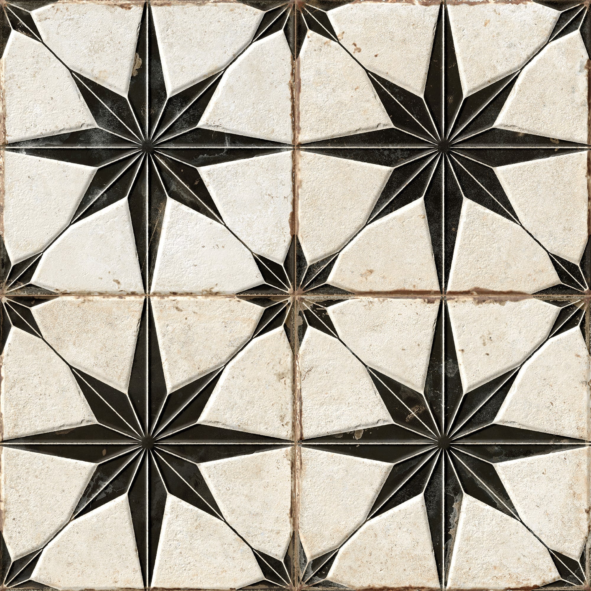 Carrelage Vintage effet Carreau ciment 3D Etoile Noire et Fond Blanc 22,3x22,3x0,9 cm Sparta - Sol et mur intérieur Peronda
