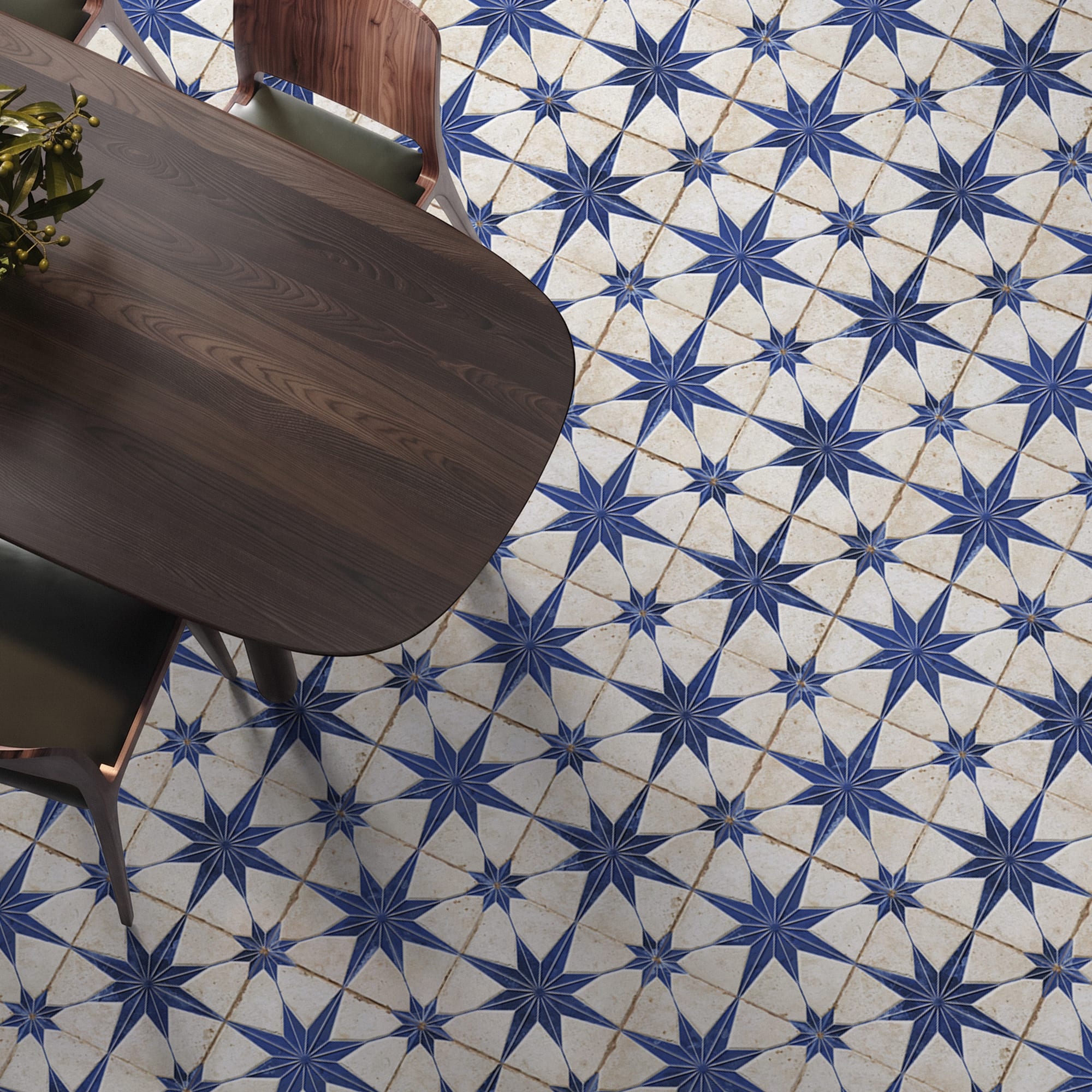 Carrelage Vintage effet Carreau ciment 3D Etoile Bleue et Fond Blanc 22,3x22,3x0,9 cm Sparta - Sol et mur intérieur Peronda