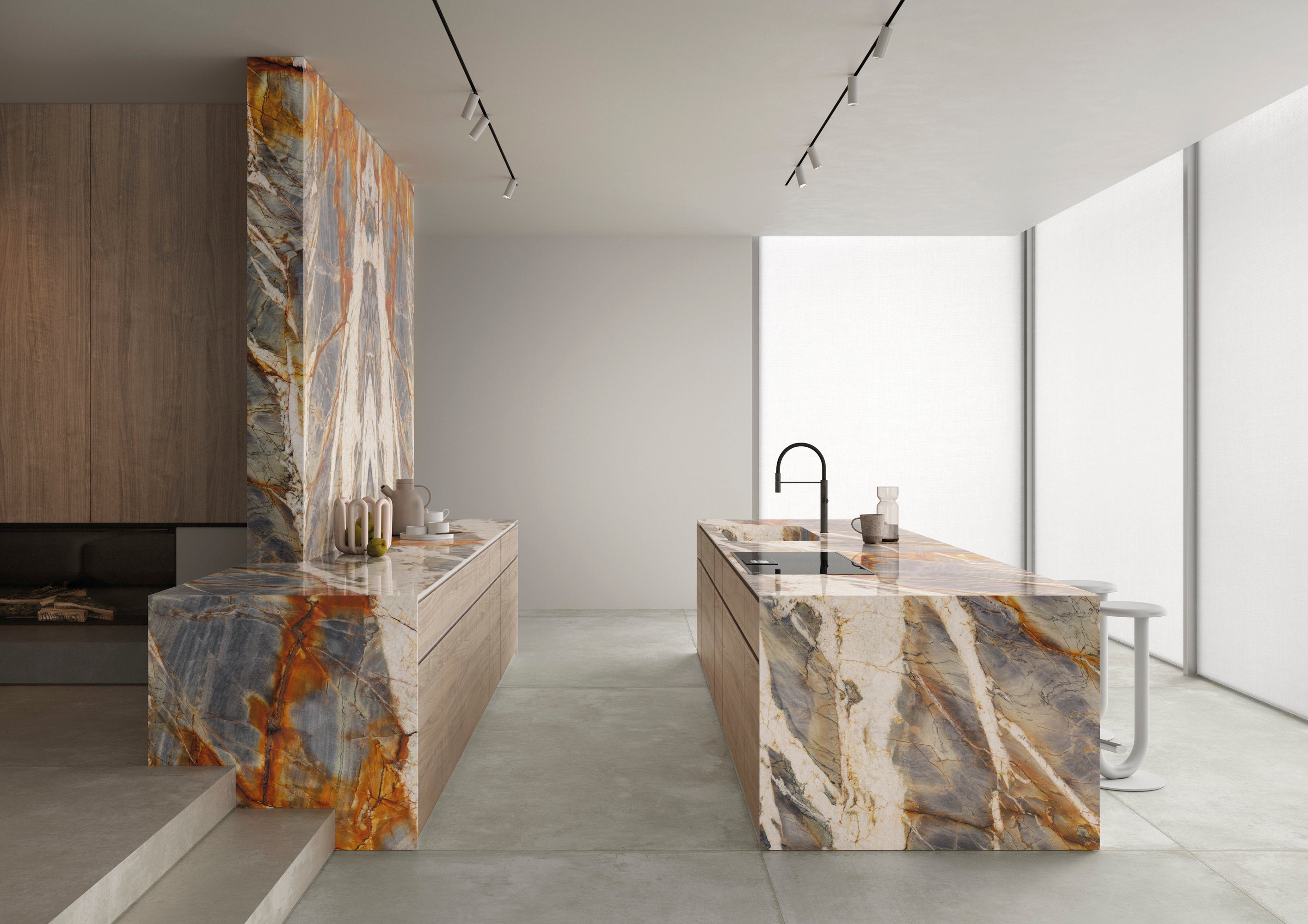 Marmi Maxfine Blue Tempest posé dans une cuisine