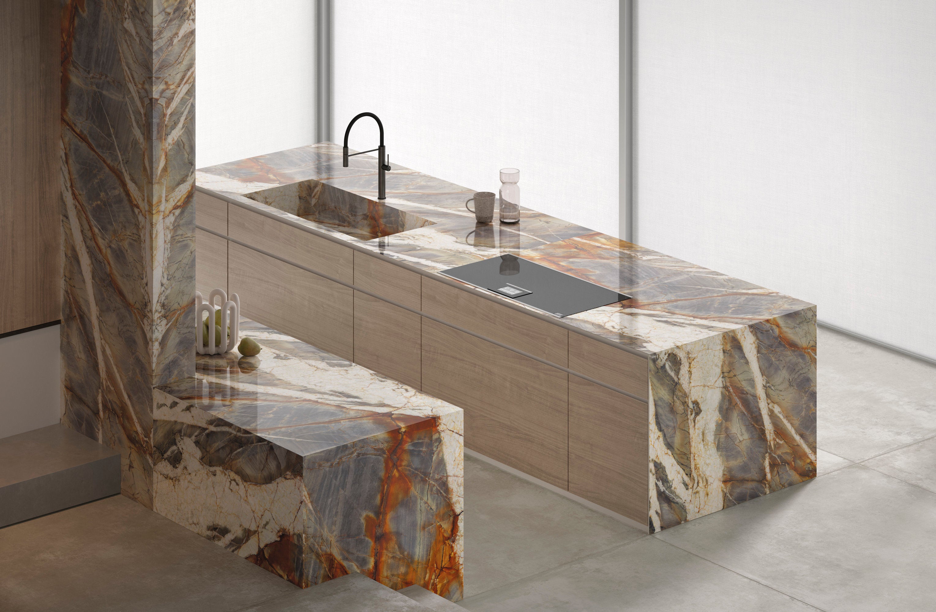 Marmi Maxfine Blue Tempest posé dans une cuisine