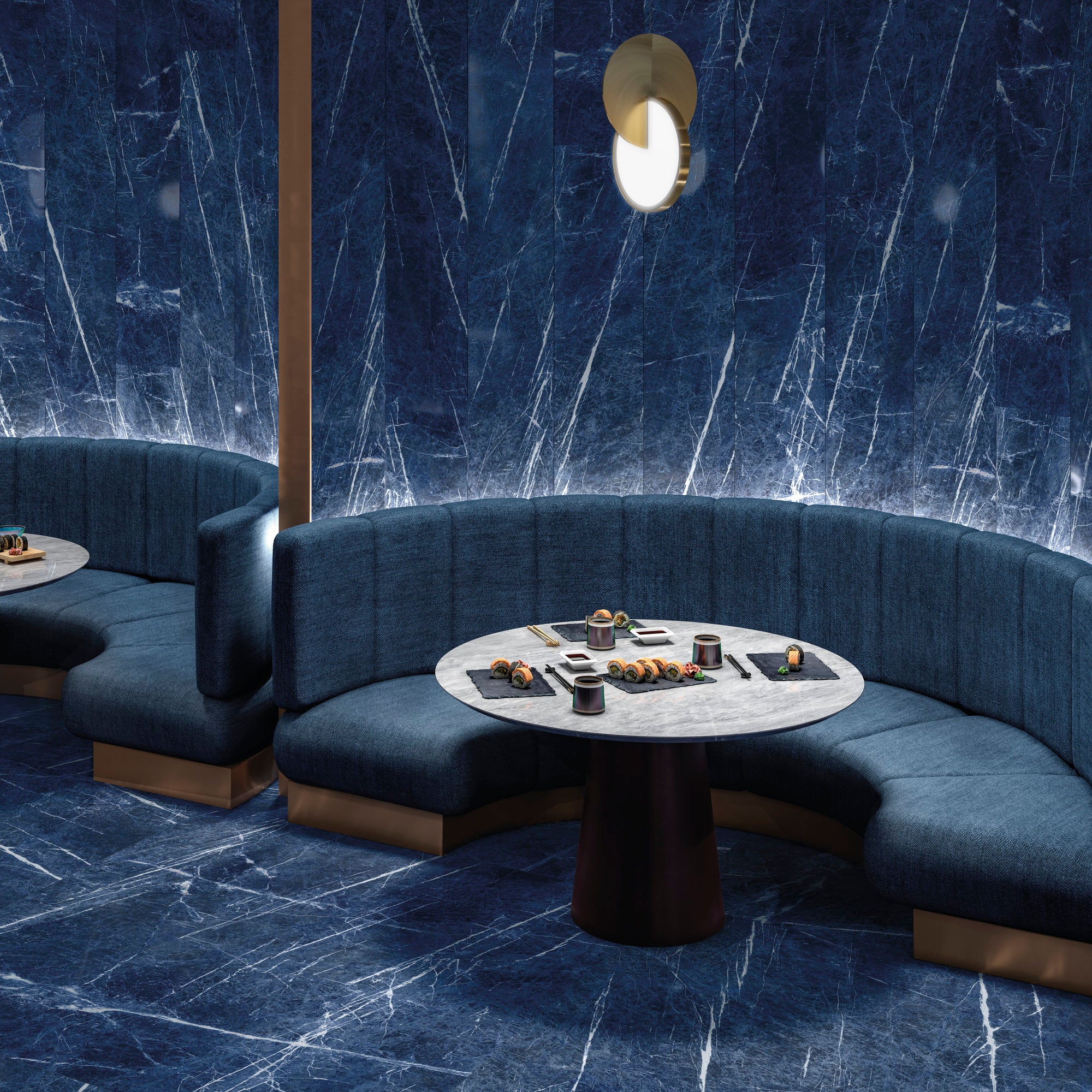 Marmi Maxfine Brazilian Blue posé dans un restaurant