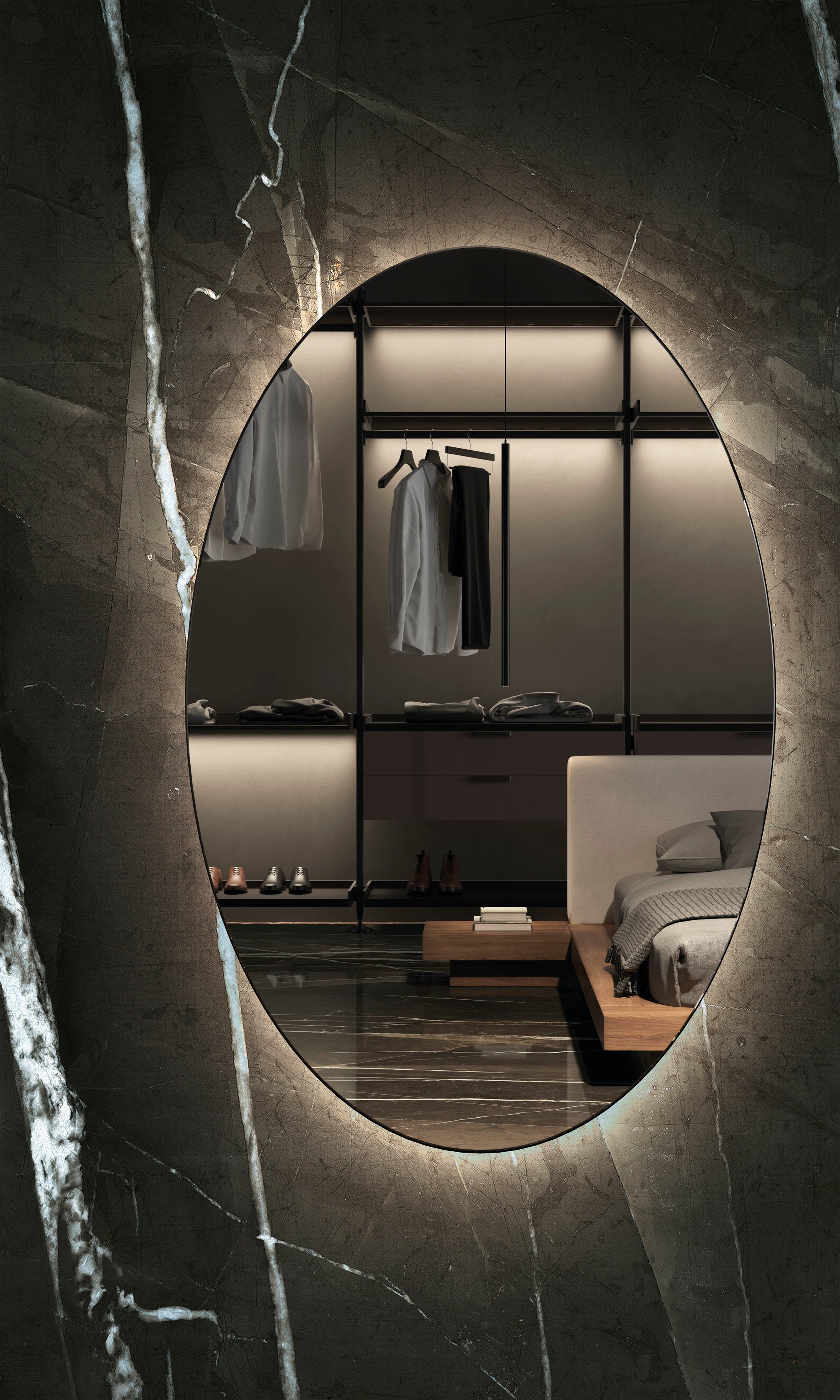 Marmi Maxfine Calacatta Black posé dans une chambre