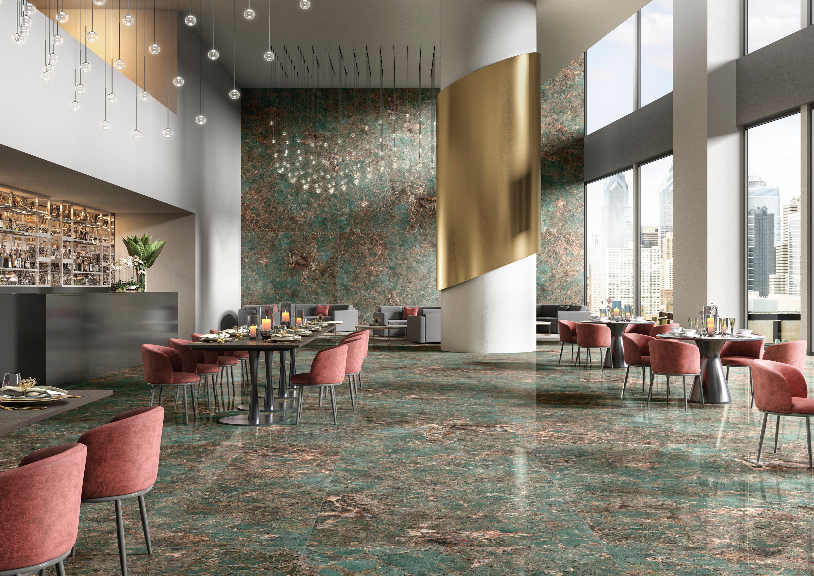 Marmi Maxfine Amazonite posé dans un restaurant