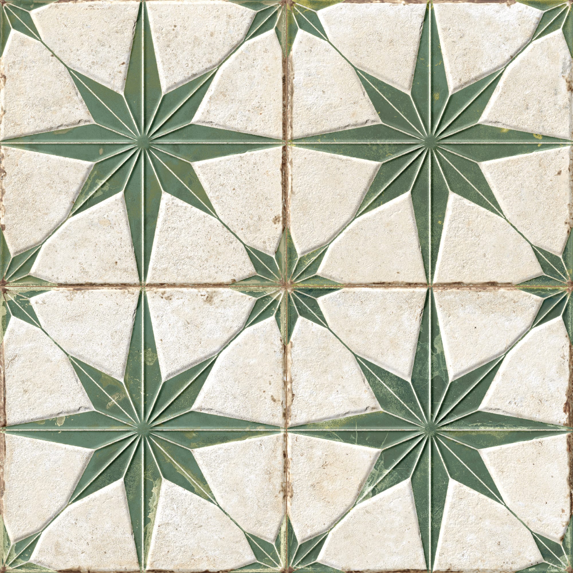 Carrelage Vintage effet Carreau ciment 3D Etoile Verte et Fond Blanc 22,3x22,3x0,9 cm Sparta - Sol et mur intérieur Peronda
