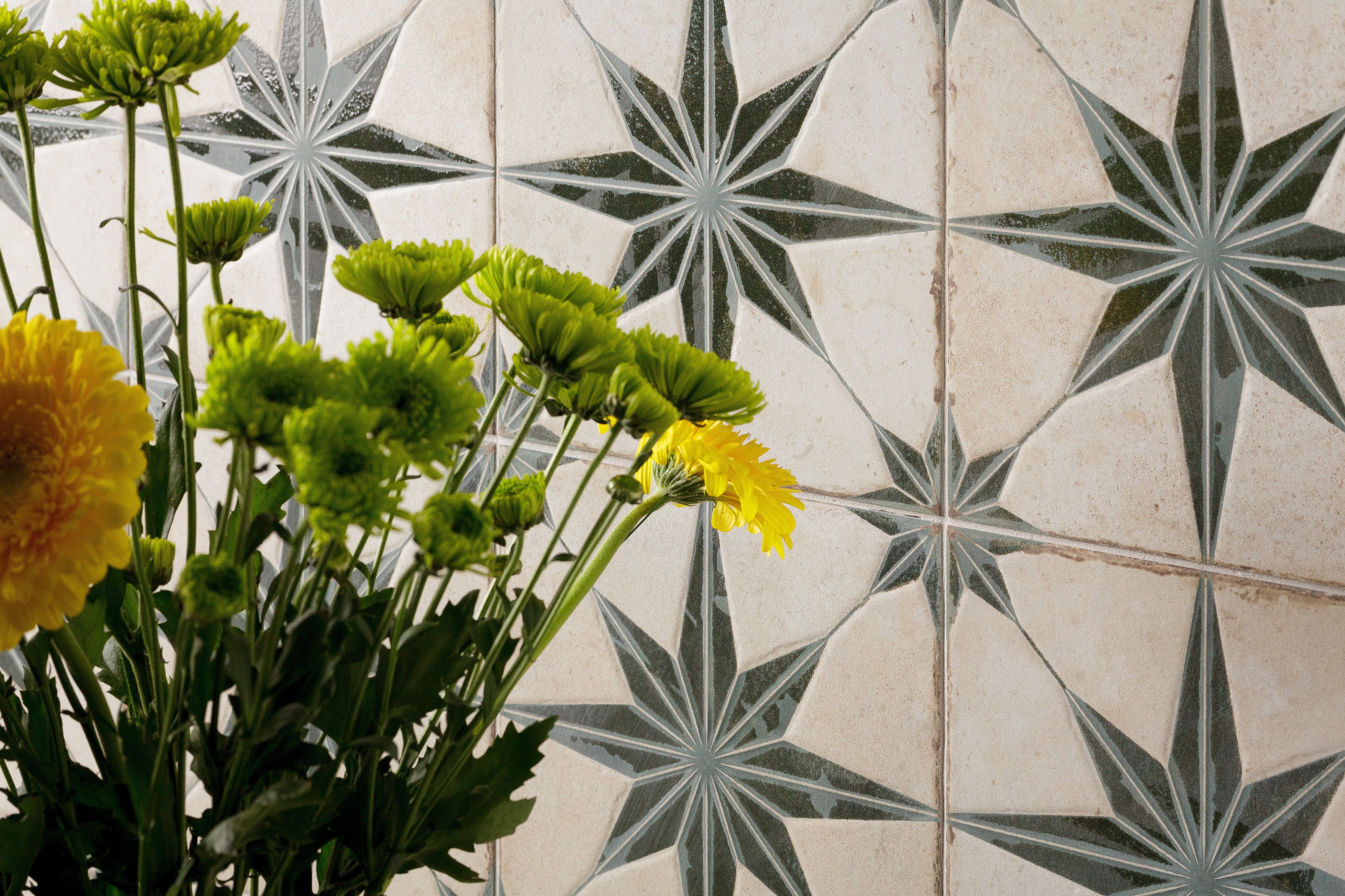 Carrelage Vintage effet Carreau ciment 3D Etoile Verte et Fond Blanc 22,3x22,3x0,9 cm Sparta - Sol et mur intérieur Peronda