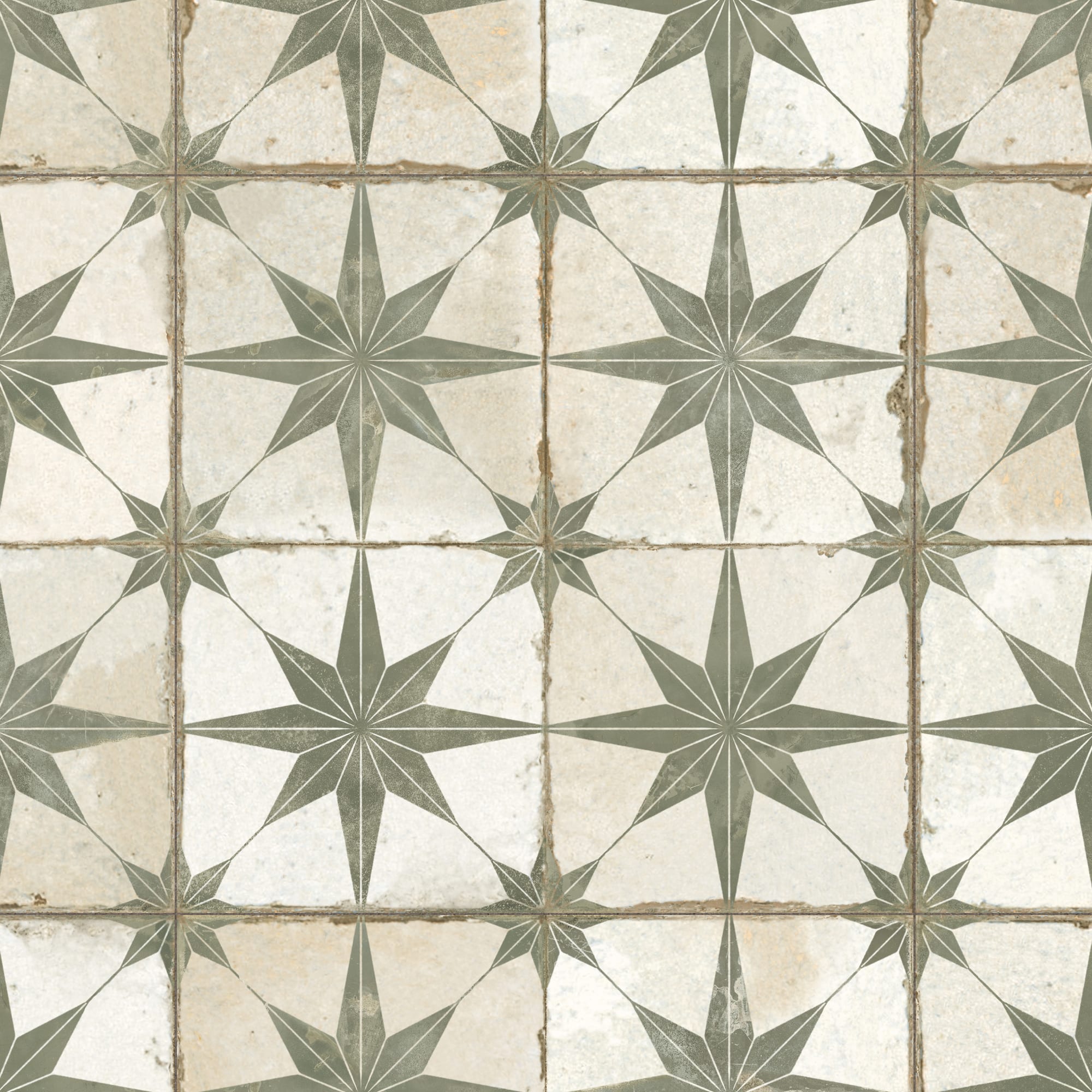 Carrelage Vintage effet Carreau ciment Etoile Verte et Fond Blanc 45x45x0,95 cm Sparta - Sol et mur intérieur Peronda
