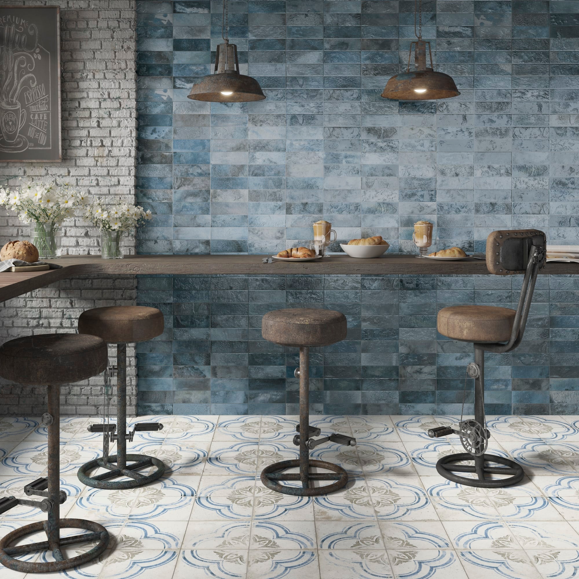 Carrelage Vintage effet Carreau ciment Bleu Volubilis 45x45x0,95 cm Orlena - Sol et mur intérieur Peronda