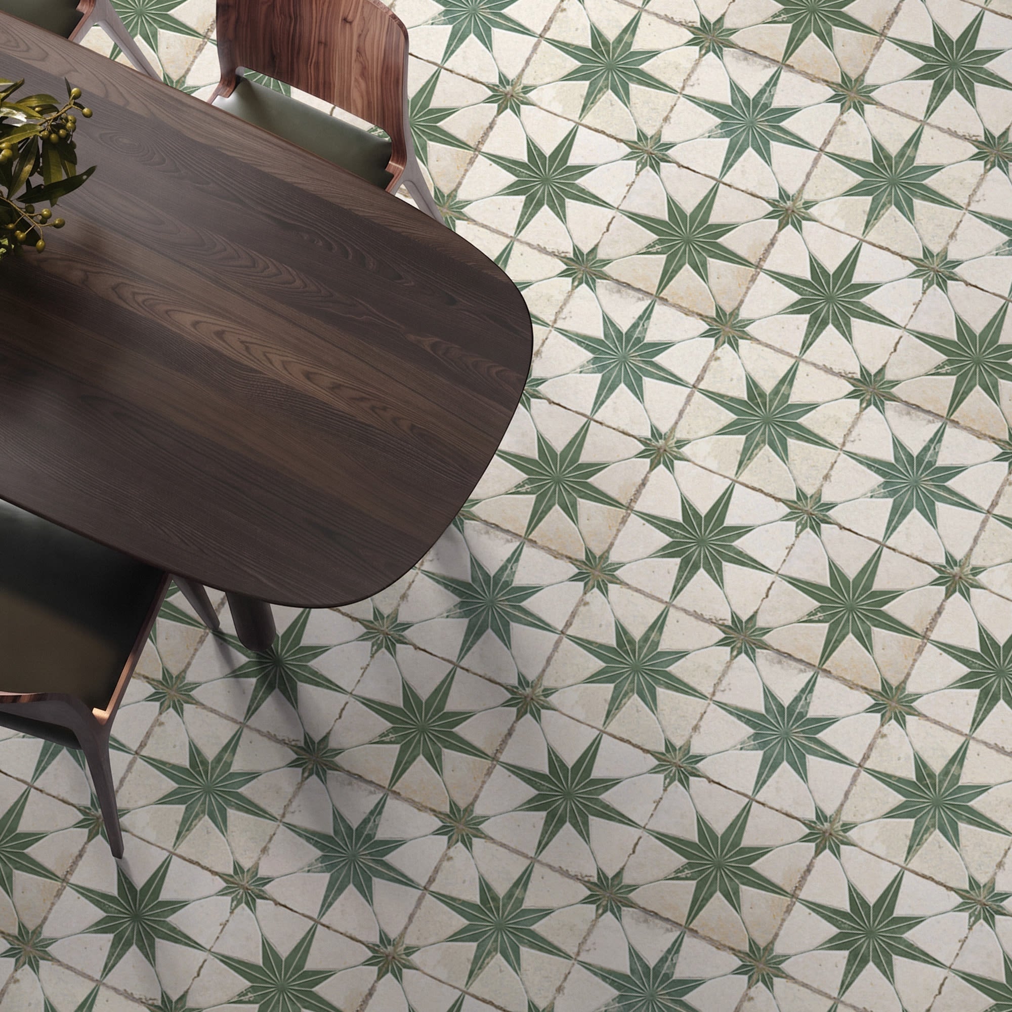 Carrelage Vintage effet Carreau ciment 3D Etoile Verte et Fond Blanc 45x45x0,95 cm Sparta - Sol et mur intérieur Peronda