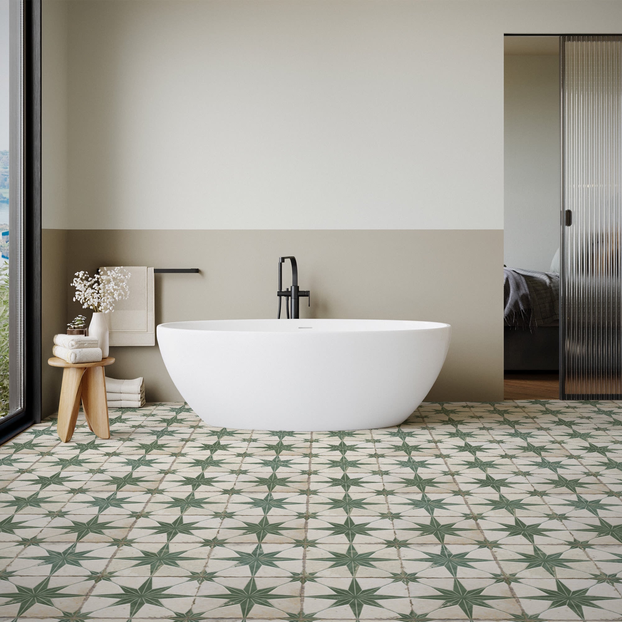 Carrelage Vintage effet Carreau ciment 3D Etoile Verte et Fond Blanc 45x45x0,95 cm Sparta - Sol et mur intérieur Peronda