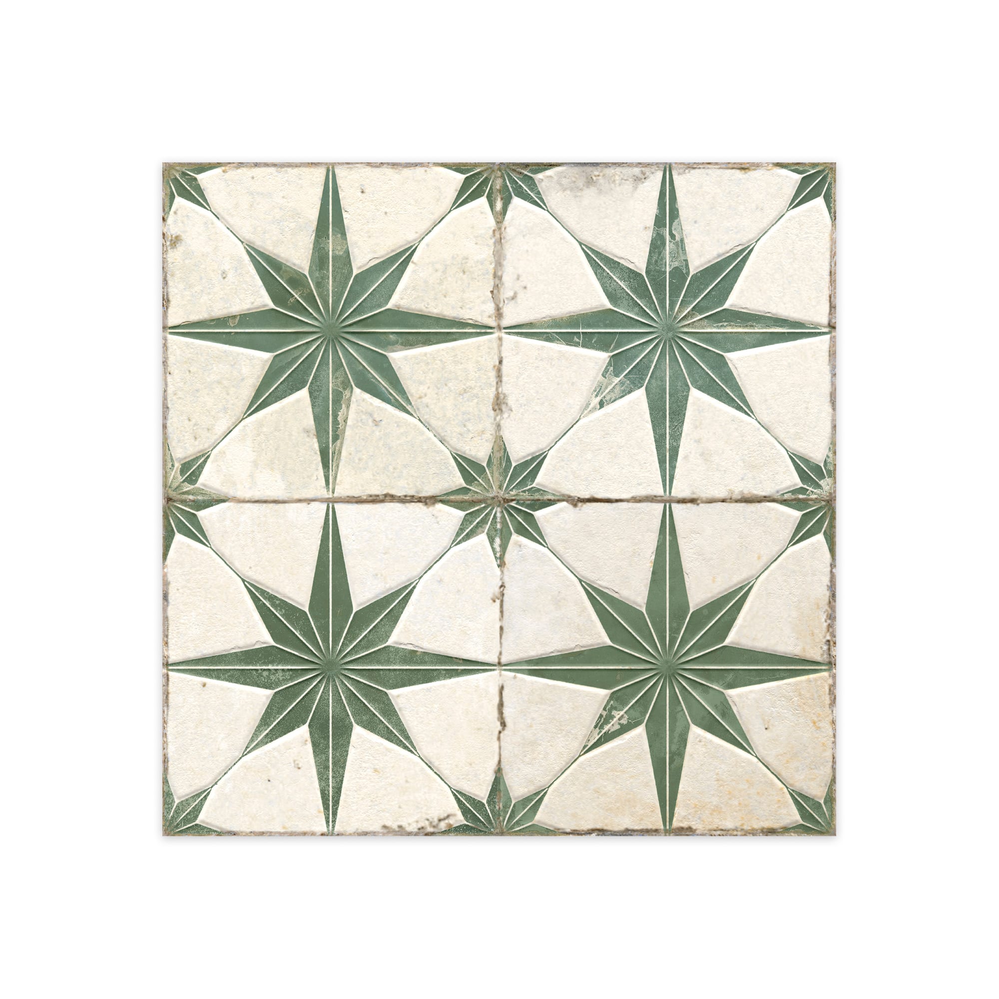 Carrelage Vintage effet Carreau ciment 3D Etoile Verte et Fond Blanc 45x45x0,95 cm Sparta - Sol et mur intérieur Peronda