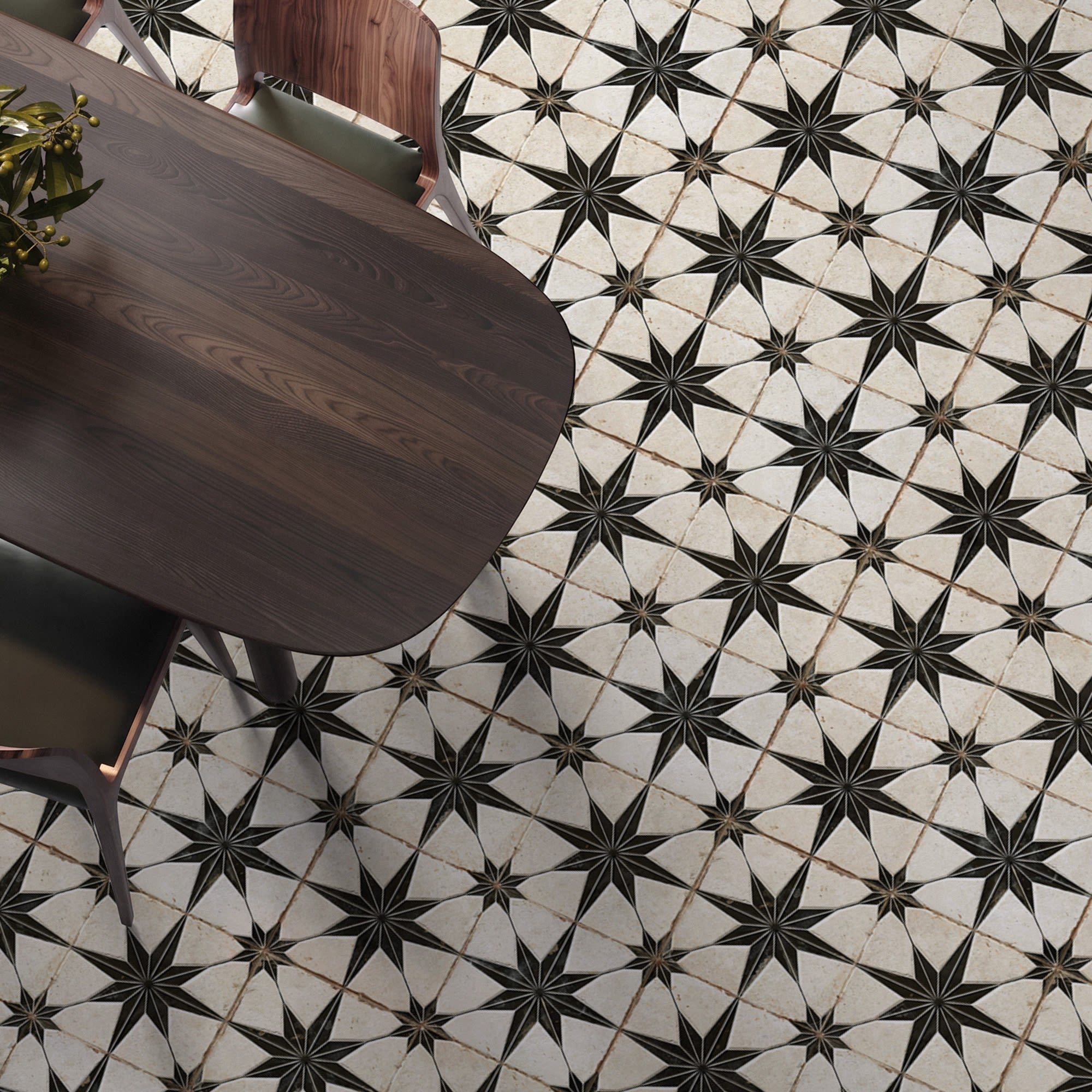 Carrelage Vintage effet Carreau ciment 3D Etoile Noire et Fond Blanc 22,3x22,3x0,9 cm Sparta - Sol et mur intérieur Peronda