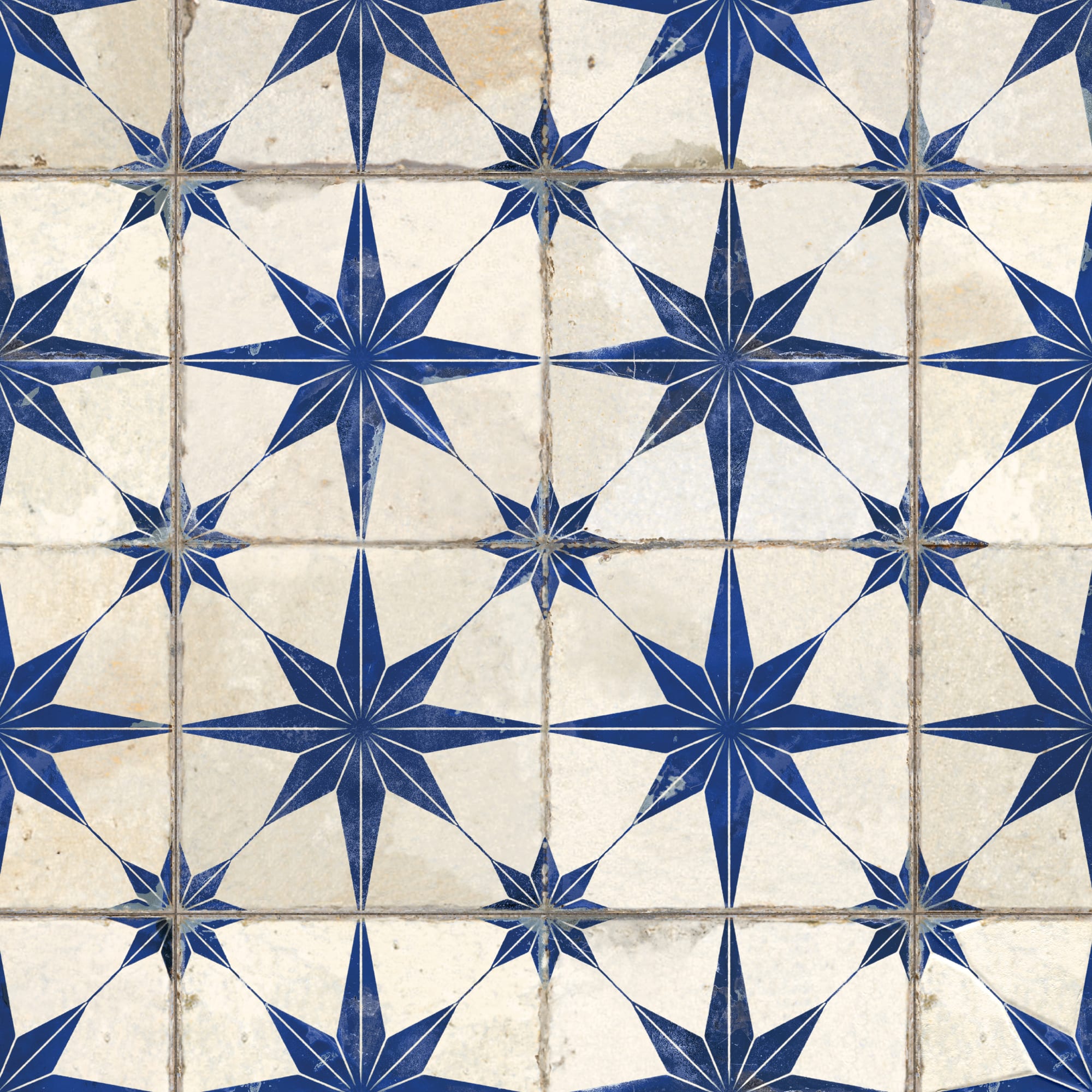Carrelage Vintage effet Carreau ciment 3D Etoile Bleue et Fond Blanc 45x45x0,95 cm Sparta - Sol et mur intérieur Peronda