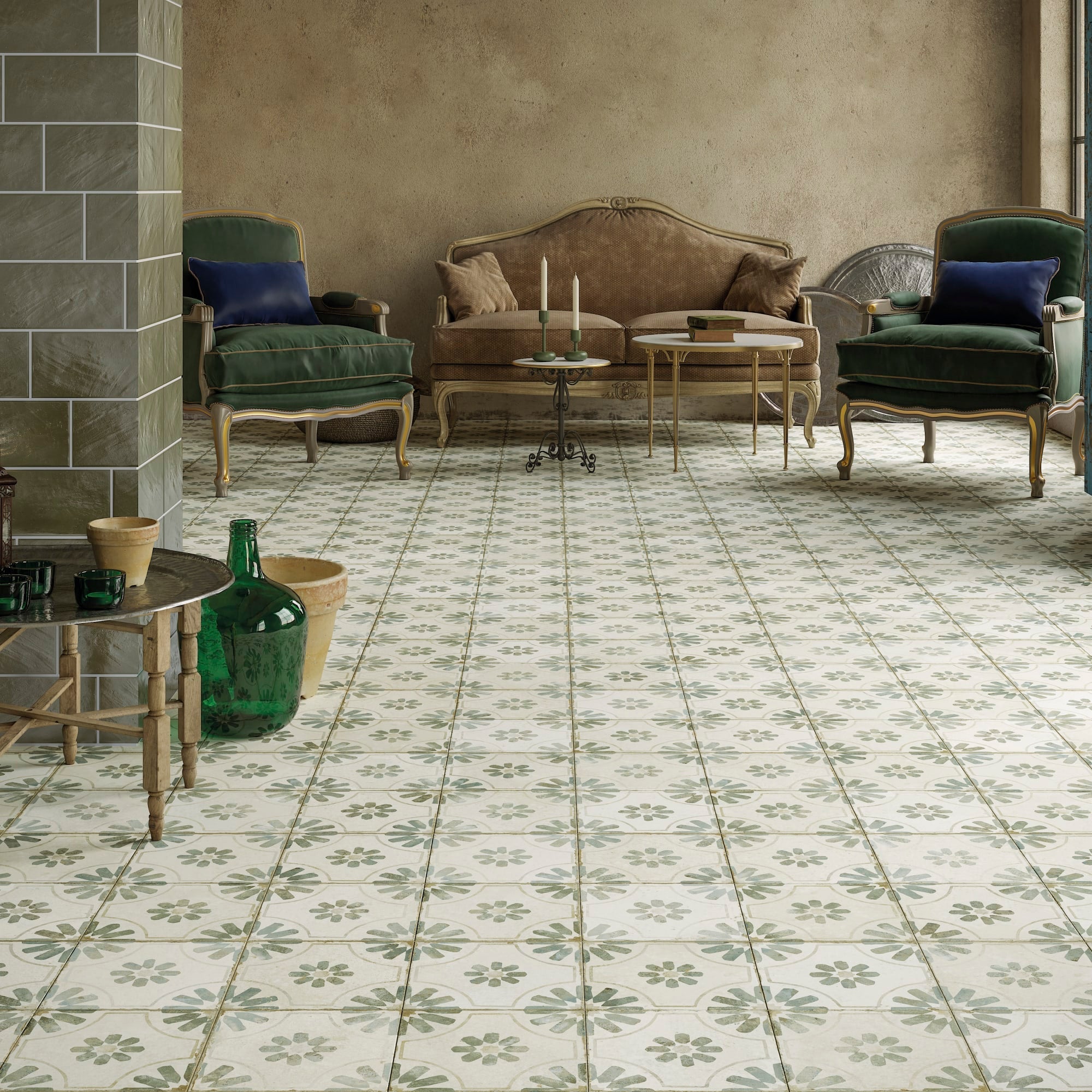Carrelage Vintage effet Carreau ciment Vert 45x45x0,95 cm Selvara - Sol et mur intérieur Peronda