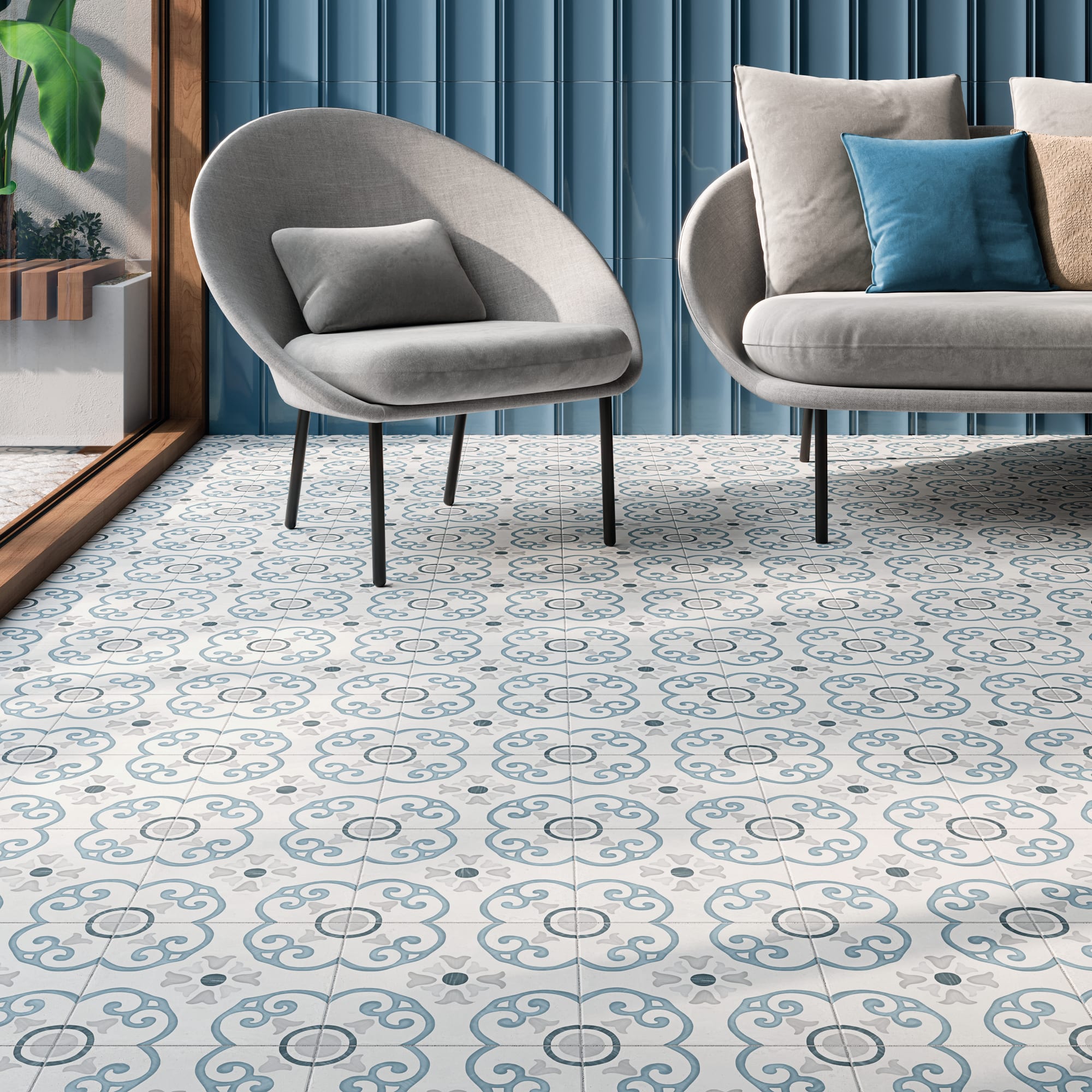 Carrelage effet Carreau ciment Nerelia Bleu 22,3x22,3x0,9 cm Ventoril - Sol et mur intérieur Peronda