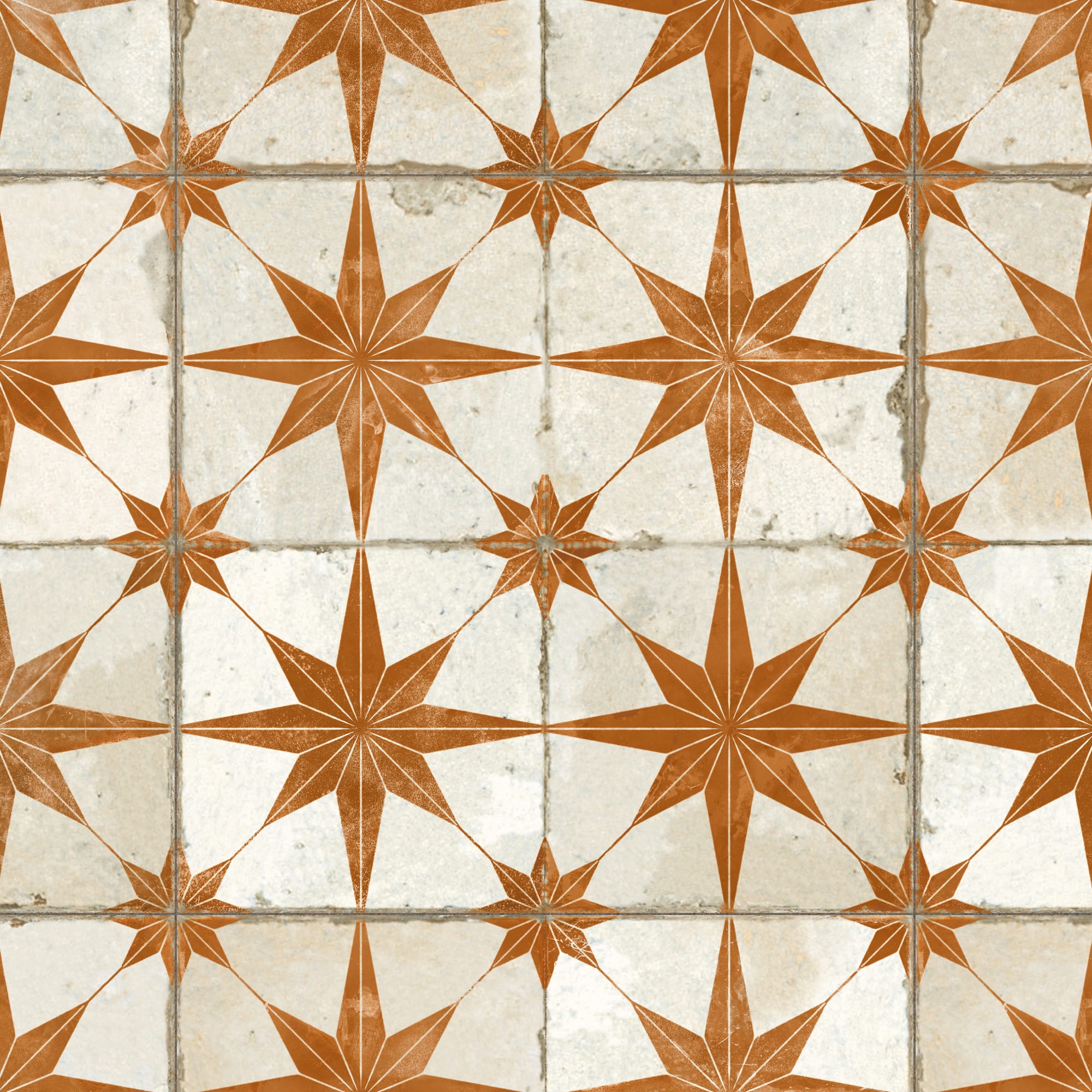 Carrelage Vintage effet Carreau ciment Etoile Orange et Fond Blanc 45x45x0,95 cm Sparta - Sol et mur intérieur Peronda