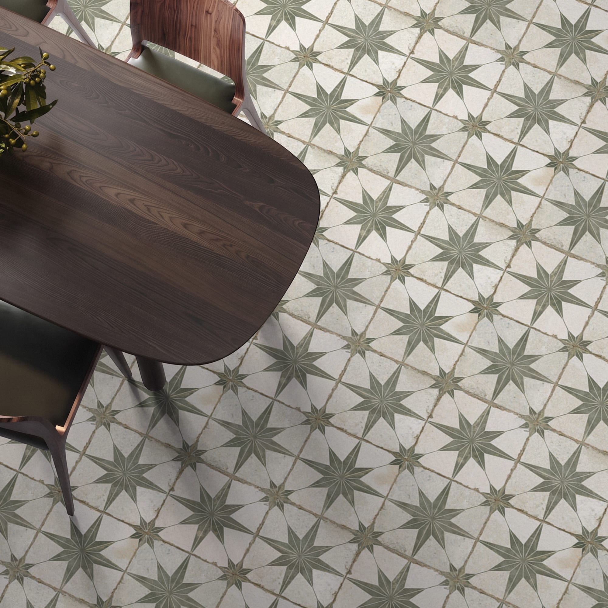 Carrelage Vintage effet Carreau ciment Etoile Verte et Fond Blanc 45x45x0,95 cm Sparta - Sol et mur intérieur Peronda