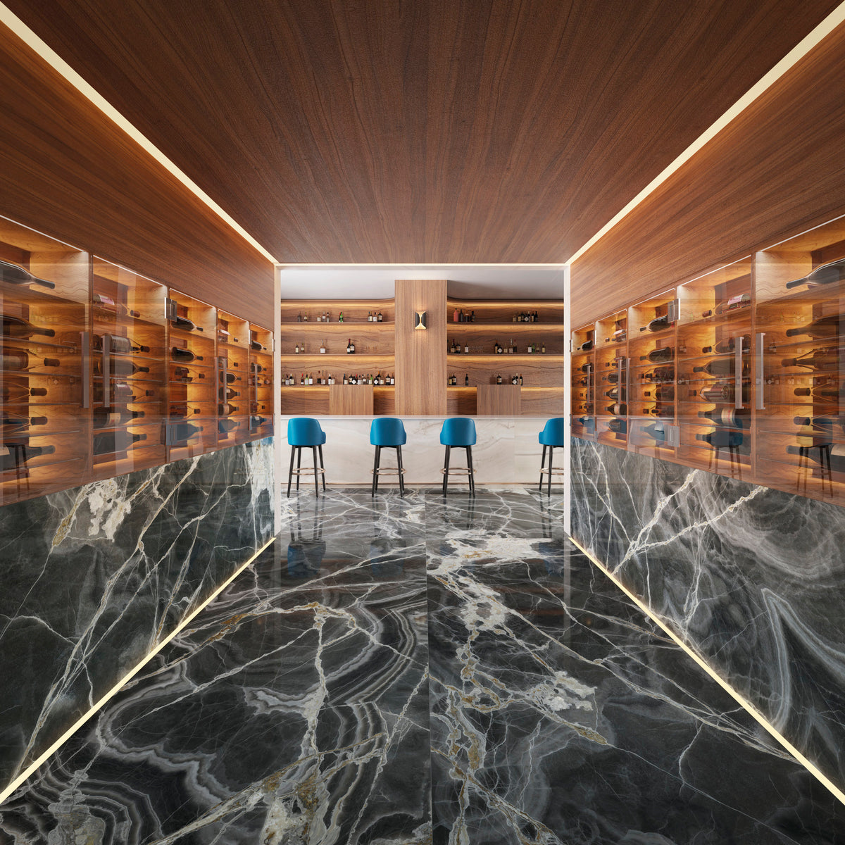 Marmi Maxfine Black Onyx posé dans une cave à vin