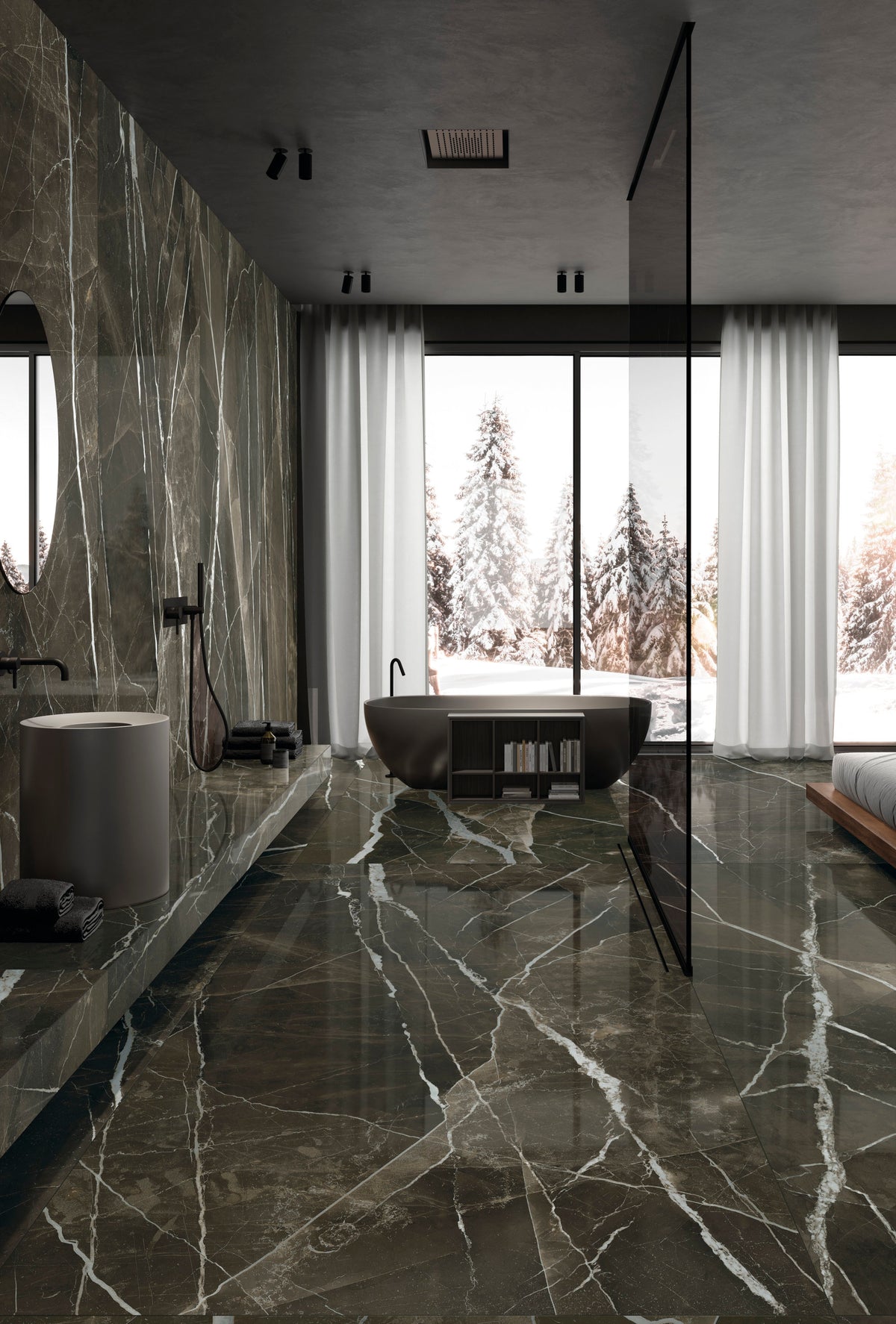 Marmi Maxfine Calacatta Black posé dans une salle de bains