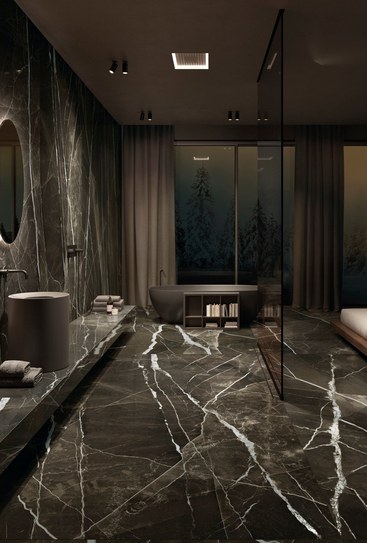 Marmi Maxfine Calacatta Black posé dans une salle de bains