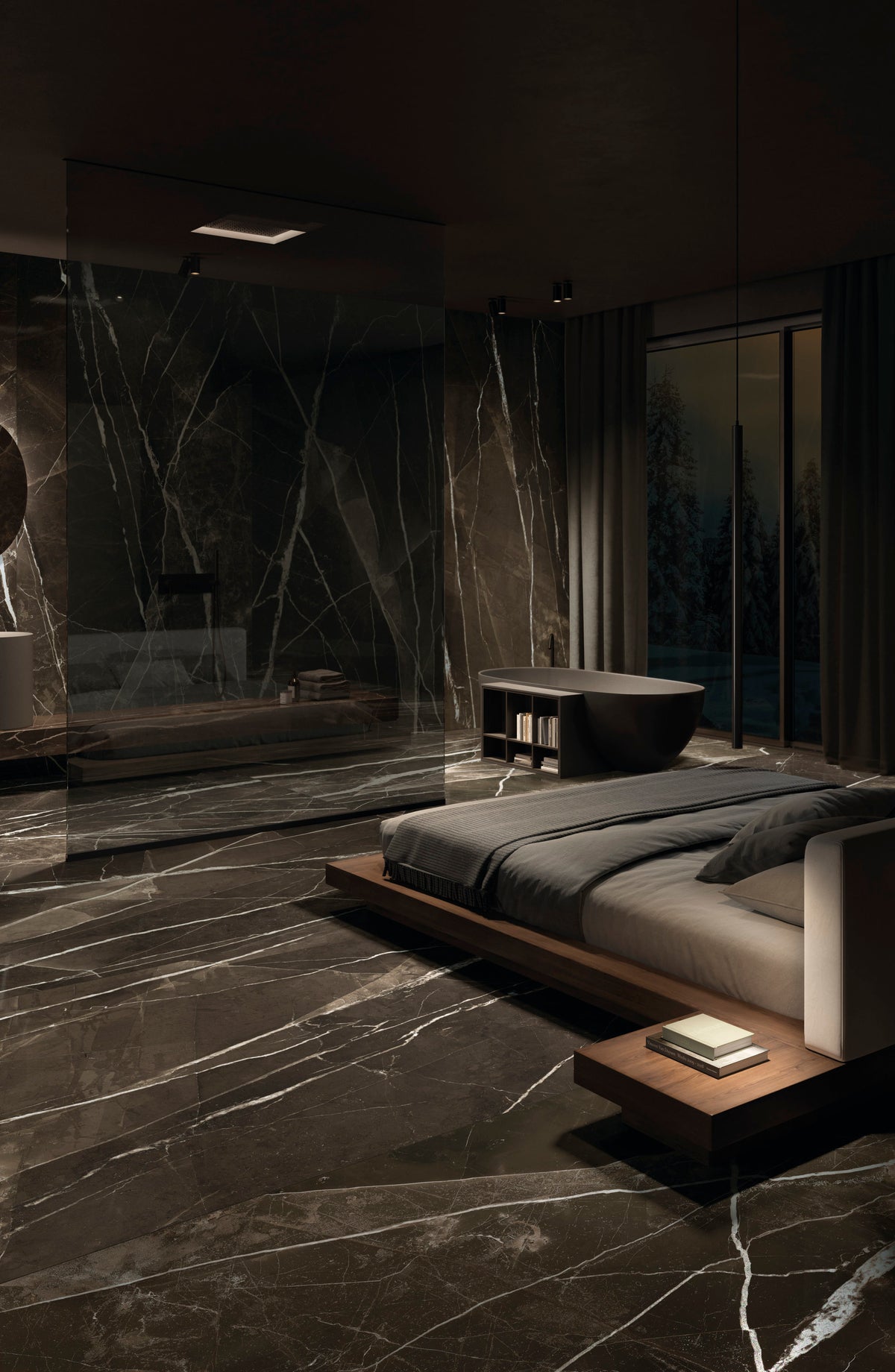 Marmi Maxfine Calacatta Black posé dans une chambre