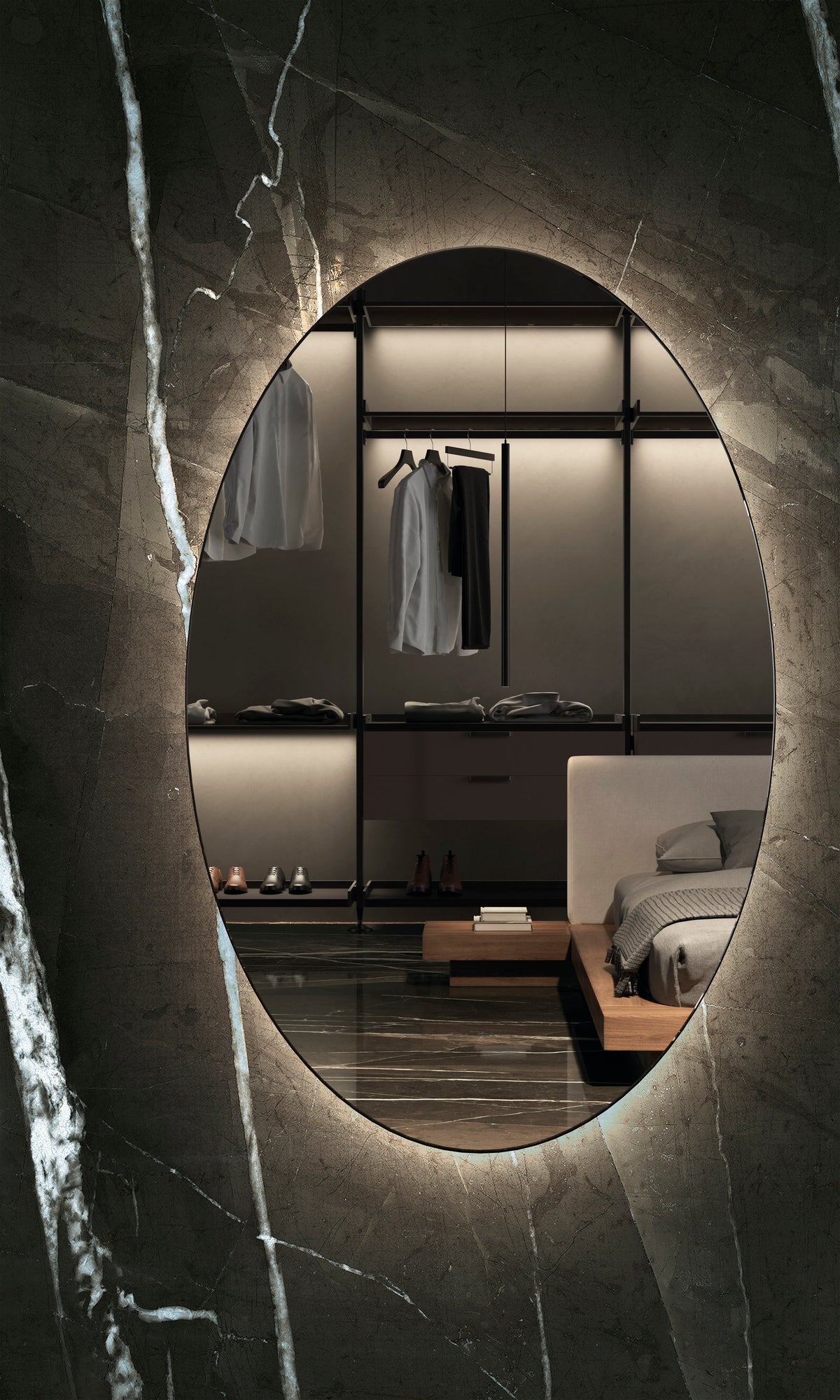 Marmi Maxfine Calacatta Black posé dans une chambre