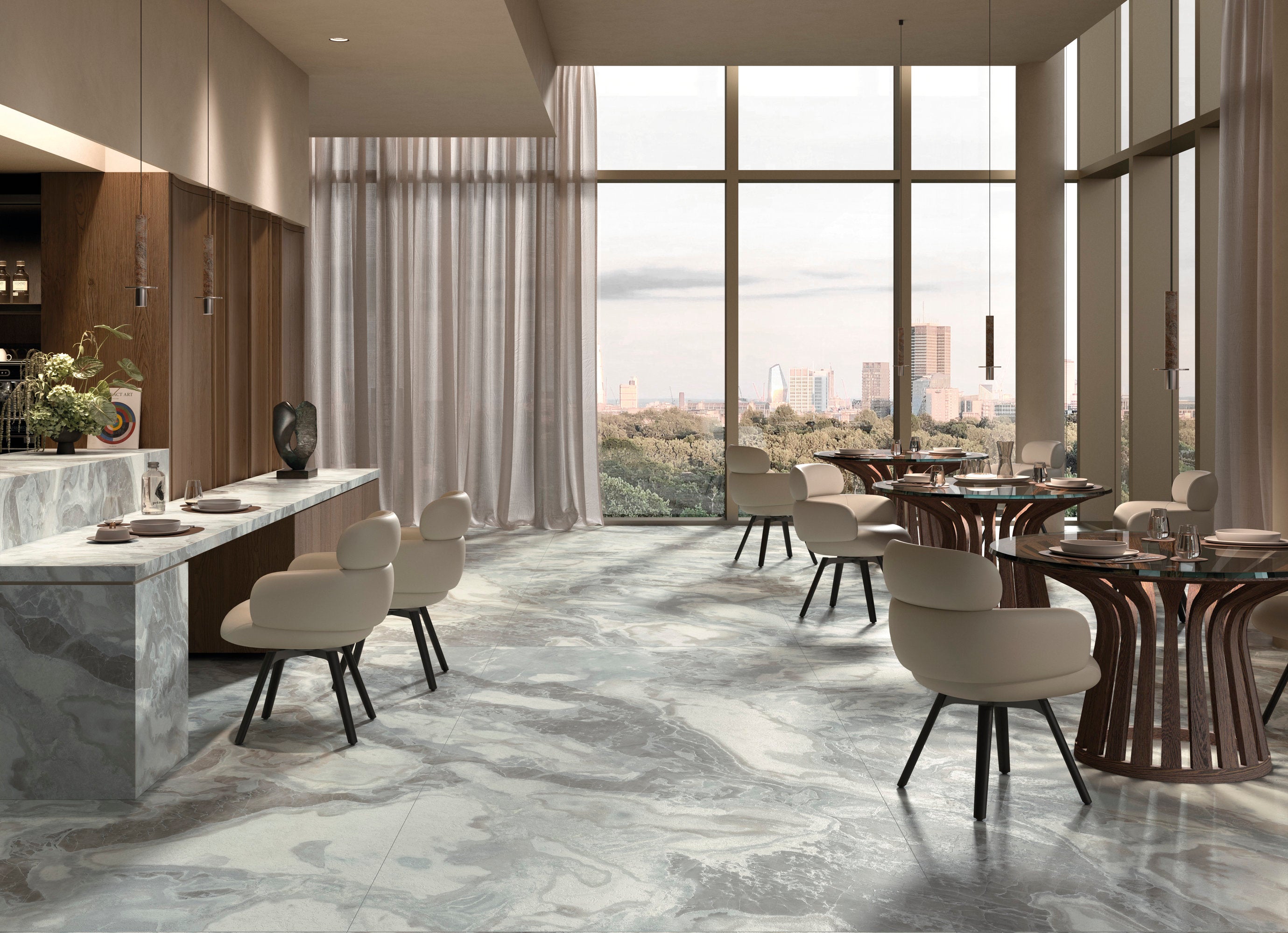 Marmi Maxfine Oyster posé dans un restaurant