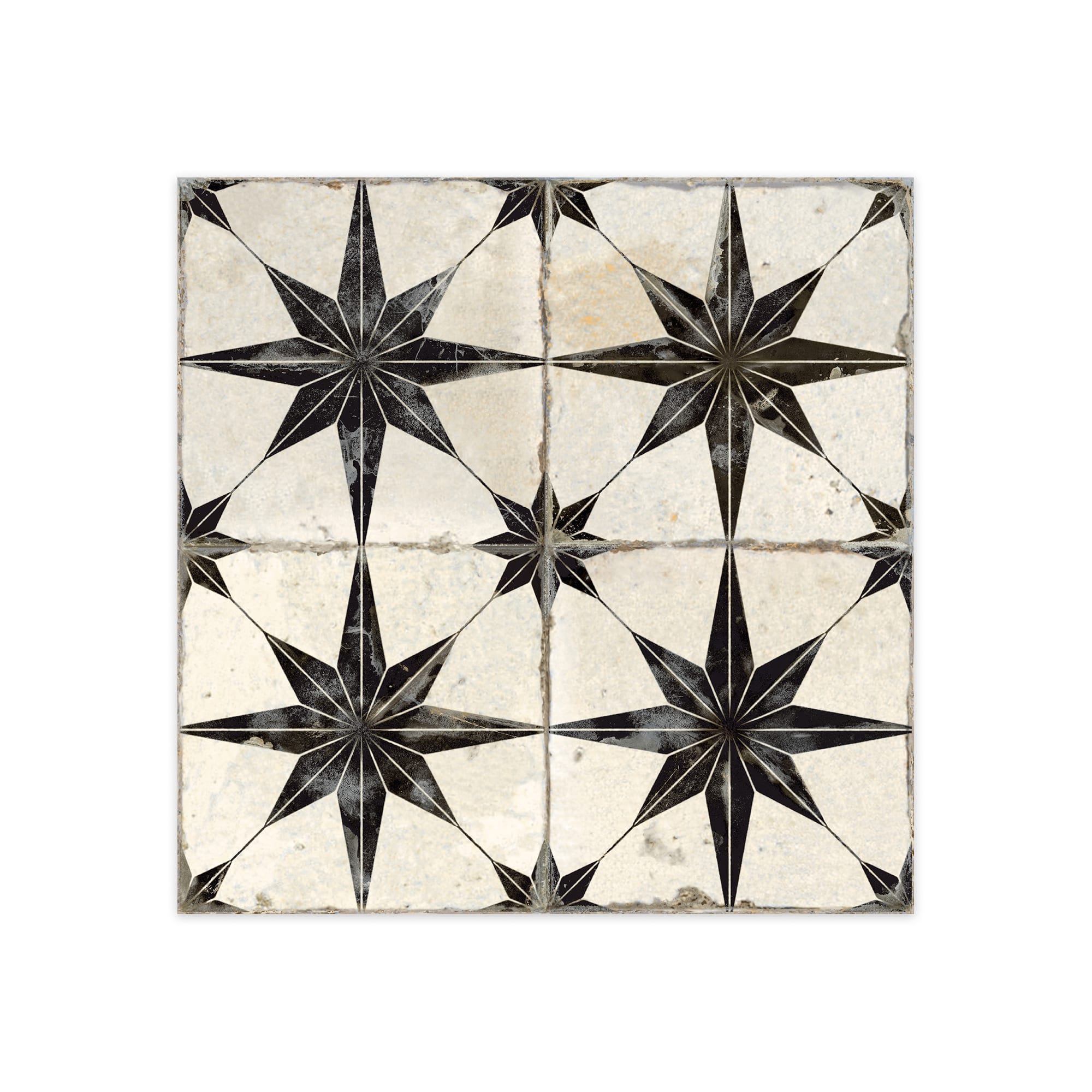 Carrelage Vintage effet Carreau ciment 3D Etoile Noire et Fond Blanc 45x45x0,95 cm Sparta - Sol et mur intérieur Peronda