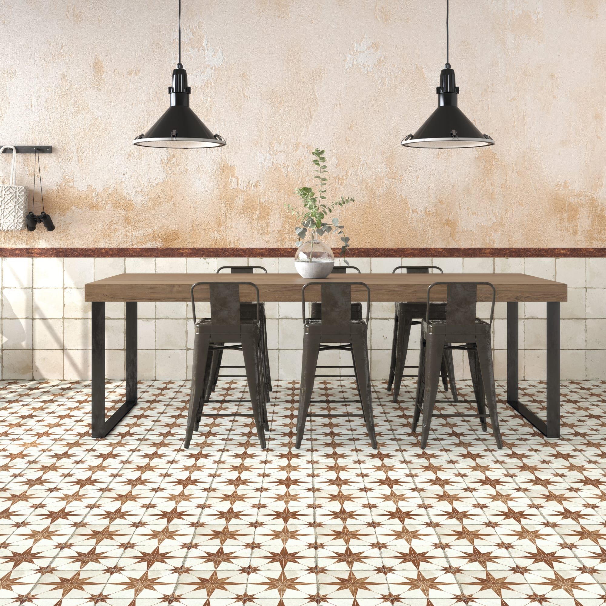 Carrelage Vintage effet Carreau ciment Etoile Orange et Fond Blanc 45x45x0,95 cm Sparta - Sol et mur intérieur Peronda