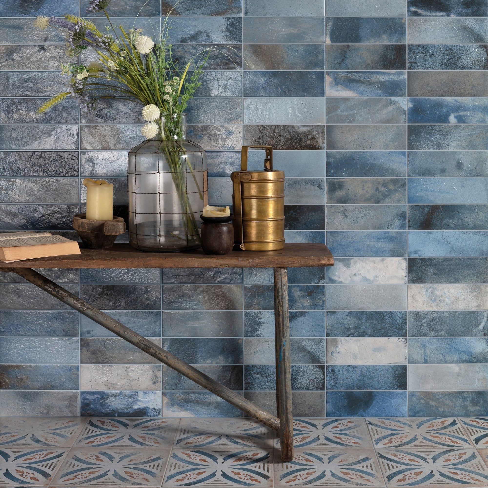 Carrelage Vintage effet Carreau ciment Bleu Arelate 45x45x0,95 cm Orlena - Sol et mur intérieur Peronda