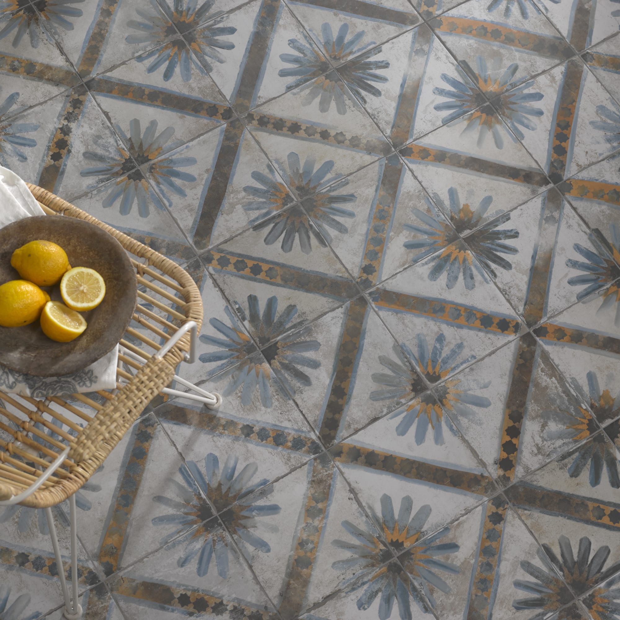 Carrelage Vintage effet Carreau ciment Bleu 45x45x0,95 cm Solaria - Sol et mur intérieur Peronda