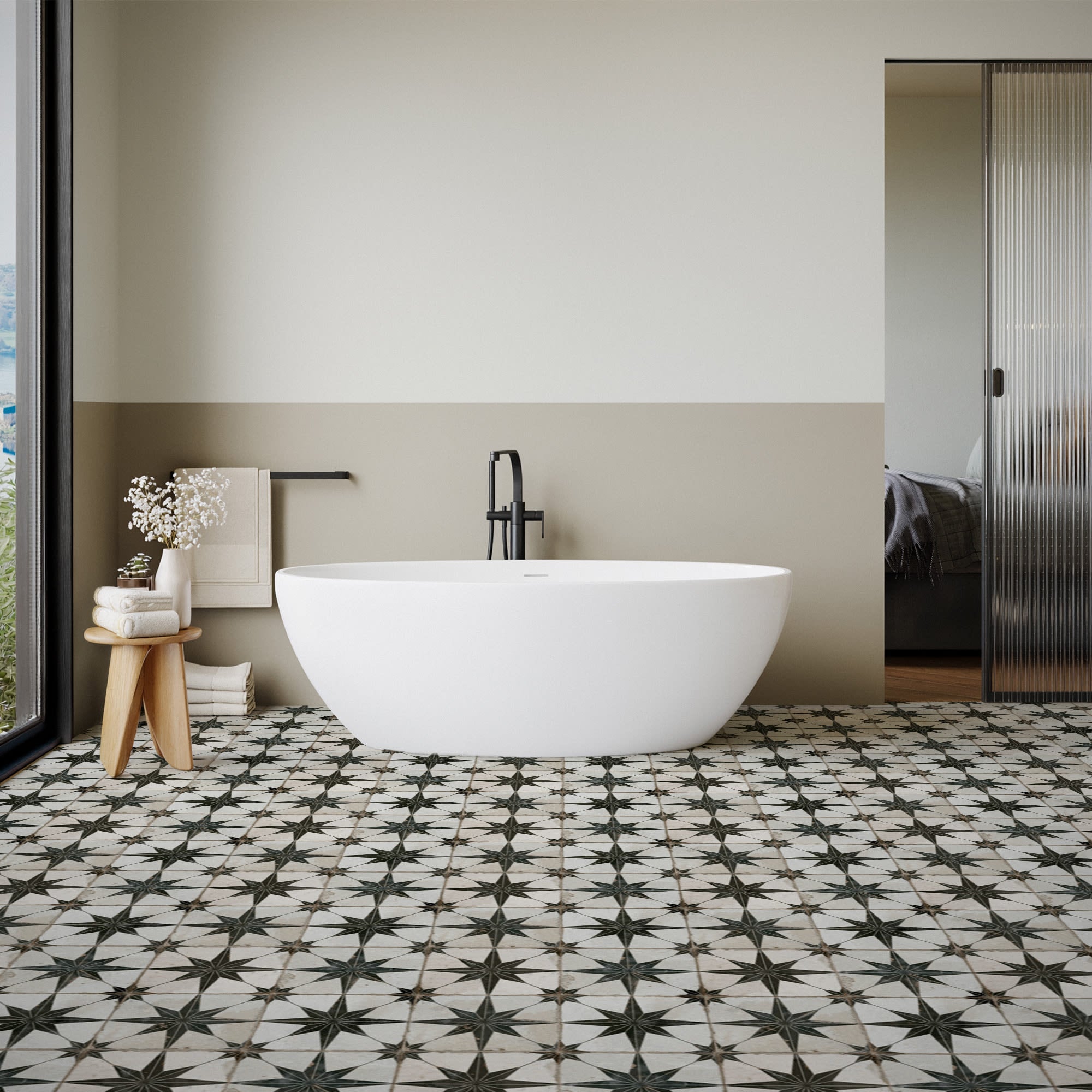 Carrelage Vintage effet Carreau ciment Etoile Noire et Fond Blanc 45x45x0,95 cm Sparta - Sol et mur intérieur Peronda