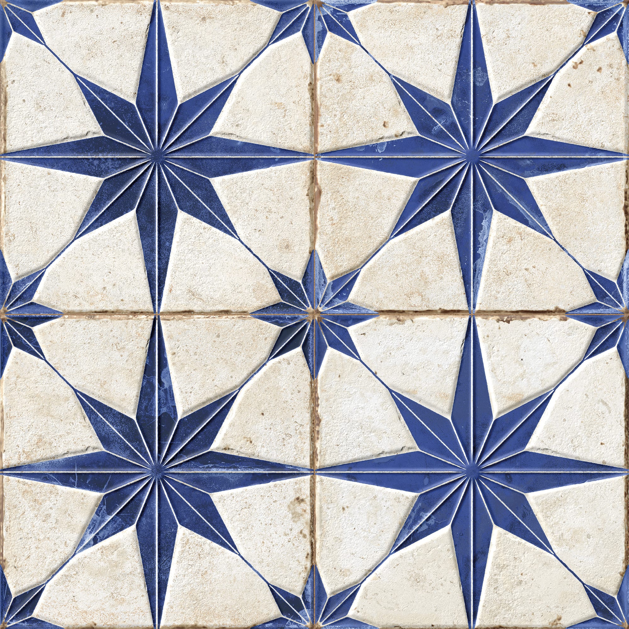 Carrelage Vintage effet Carreau ciment 3D Etoile Bleue et Fond Blanc 22,3x22,3x0,9 cm Sparta - Sol et mur intérieur Peronda