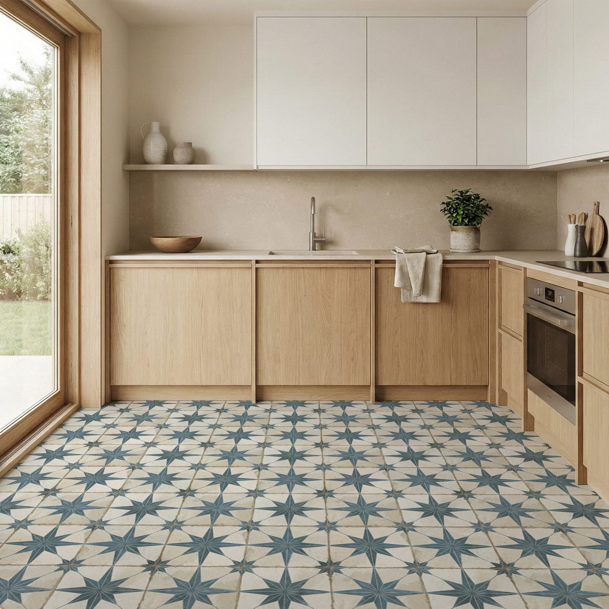 Carrelage Vintage effet Carreau ciment Etoile Bleue et Fond Blanc 45x45x0,95 cm Sparta - Sol et mur intérieur Peronda