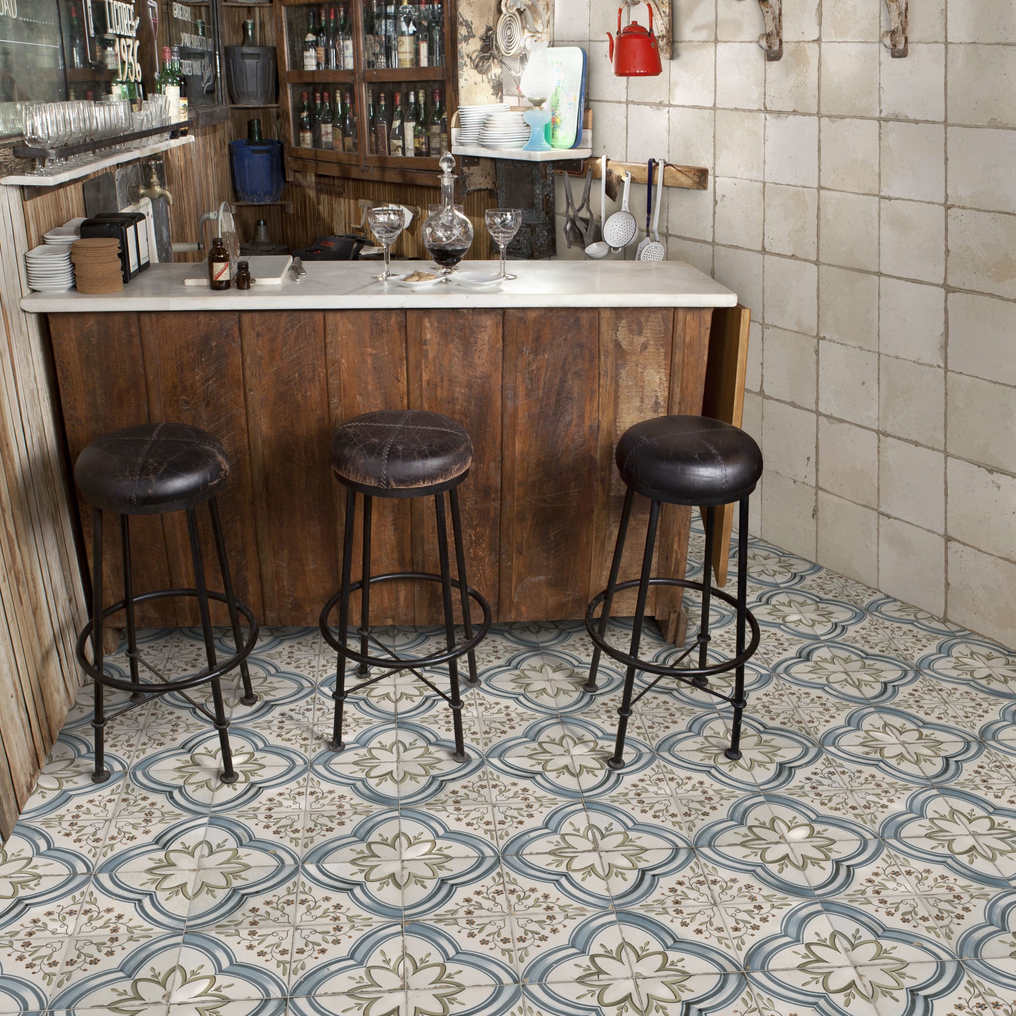 Carrelage Vintage effet Carreau ciment Bleu Thera 45x45x0,95 cm Azoria - Sol et mur intérieur Peronda
