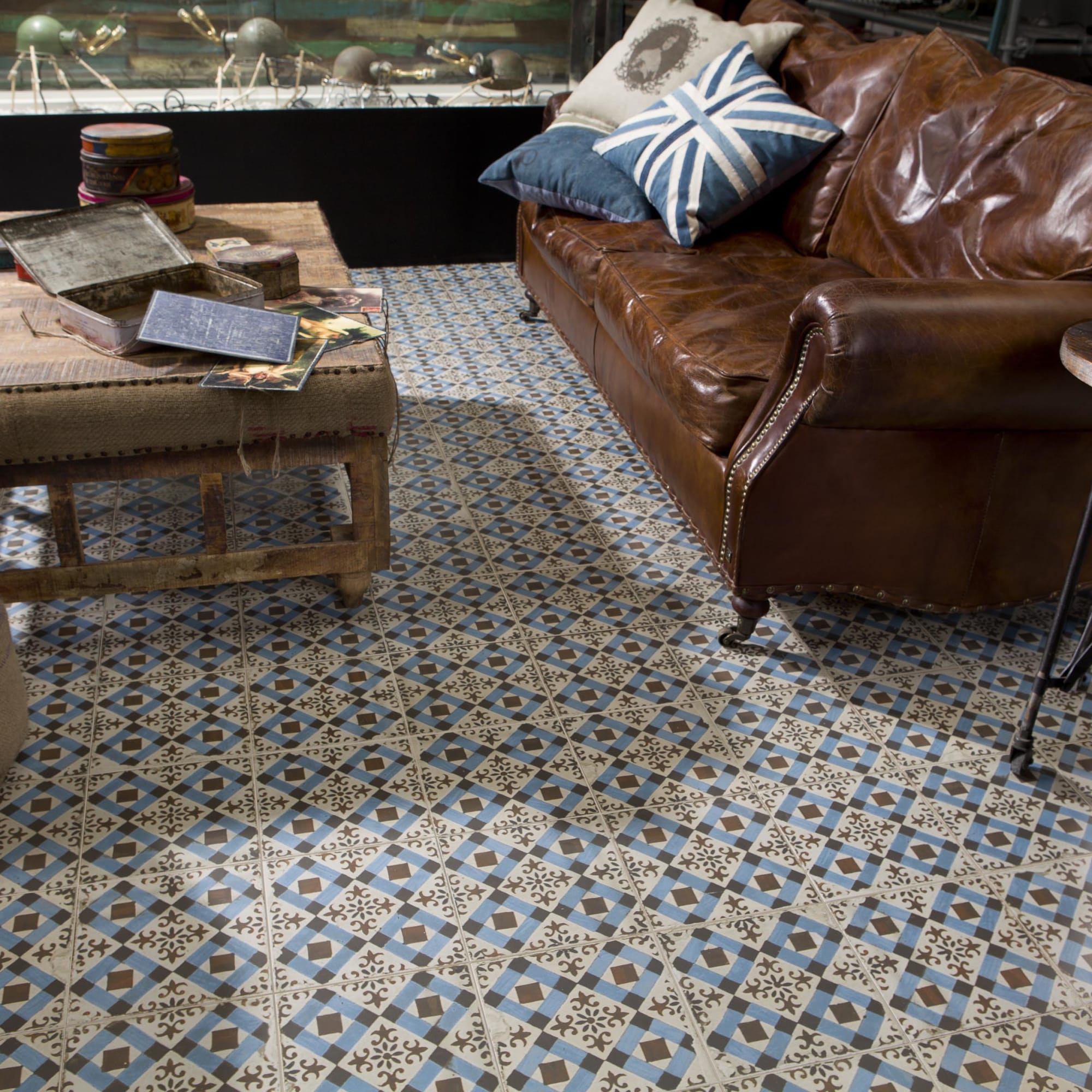 Carrelage Vintage effet Carreau ciment Bleu Knossos 45x45x0,95 cm Azoria - Sol et mur intérieur Peronda