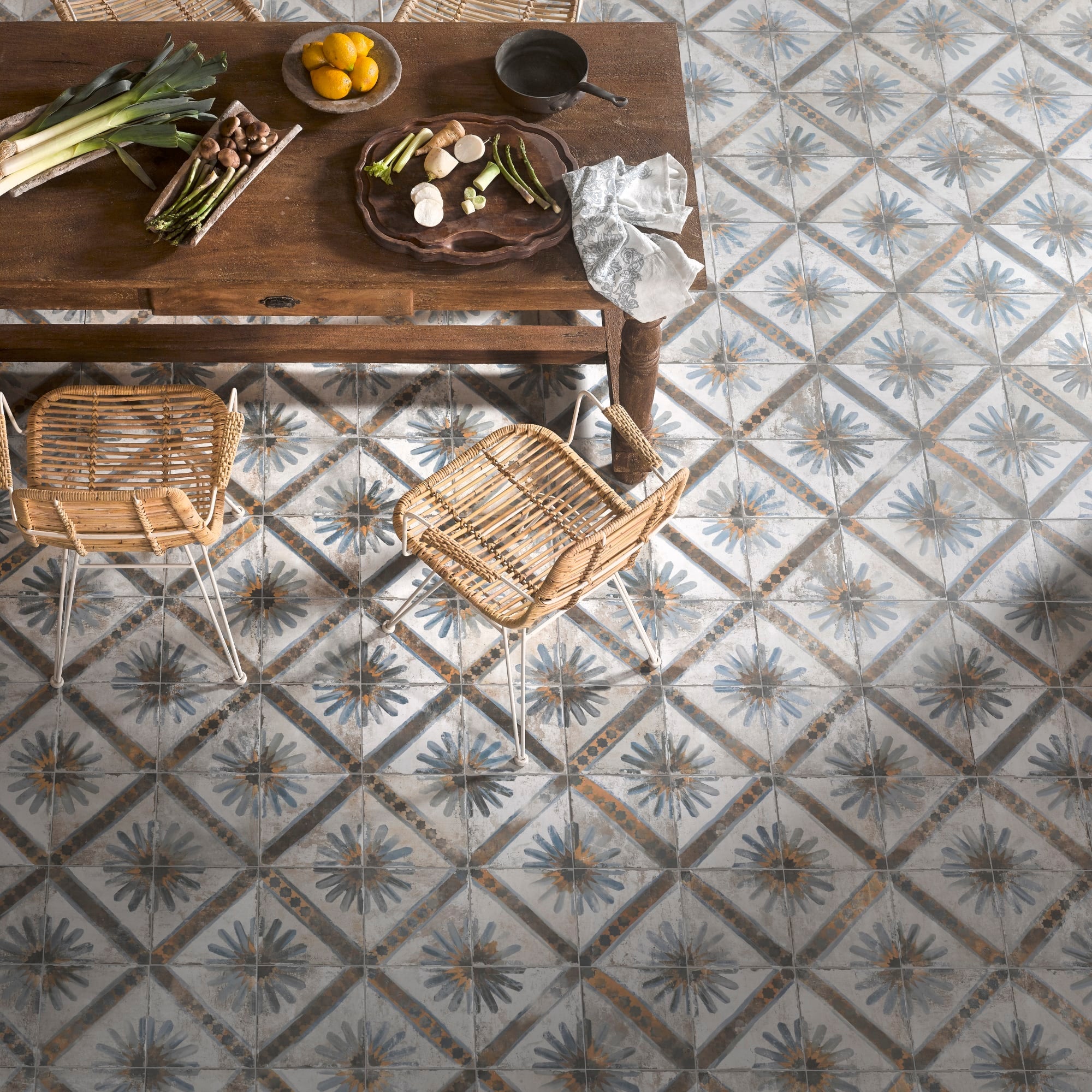 Carrelage Vintage effet Carreau ciment Bleu 45x45x0,95 cm Solaria - Sol et mur intérieur Peronda