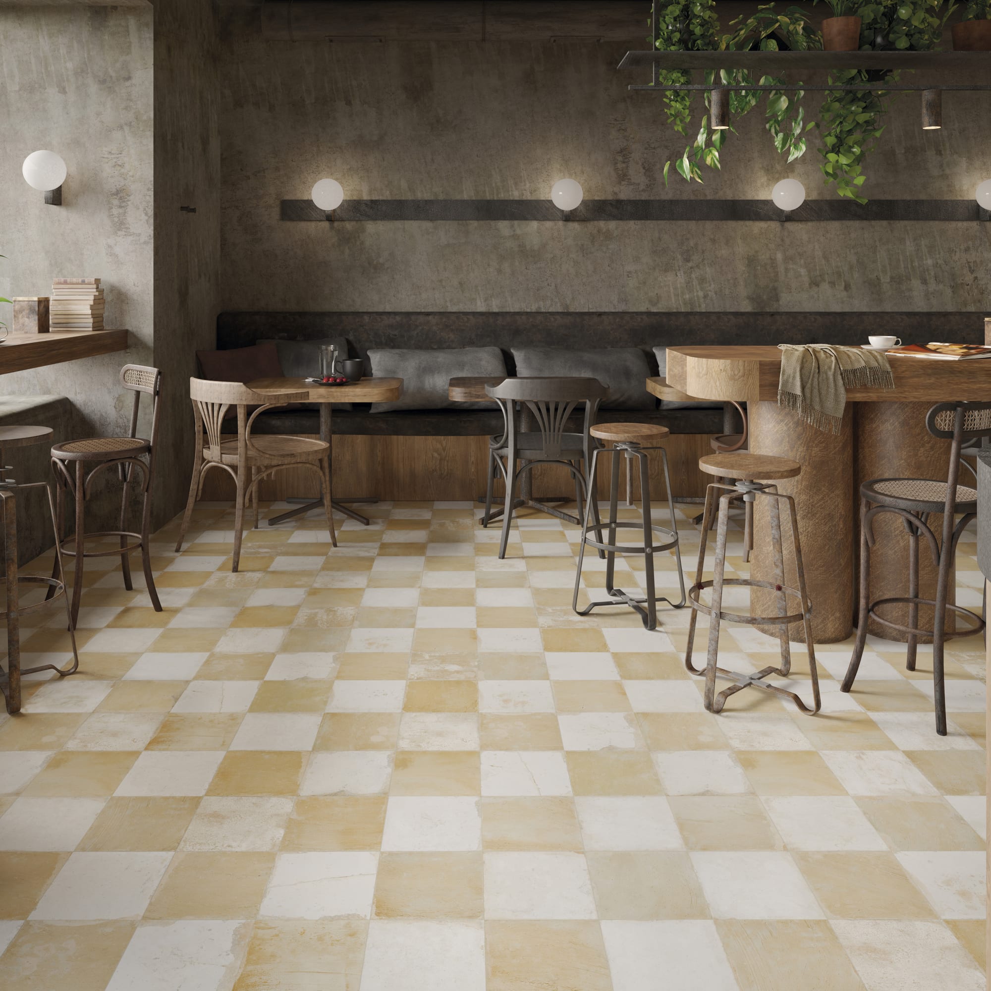 Carrelage Vintage effet Carreau ciment Jaune Damier 45x45x0,95 cm Rosaria - Sol et mur intérieur Peronda