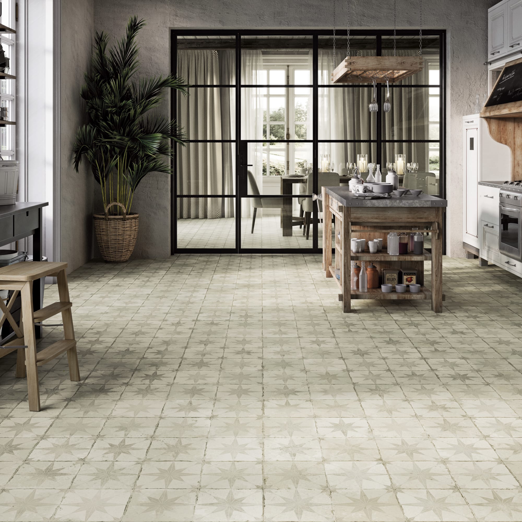 Carrelage Vintage effet Carreau ciment Etoile Blanche et Fond Blanc 45x45x0,95 cm Sparta - Sol et mur intérieur Peronda