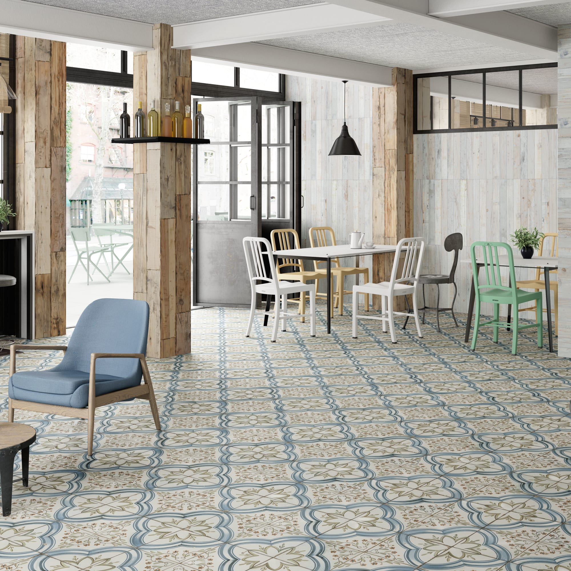 Carrelage Vintage effet Carreau ciment Bleu Thera 45x45x0,95 cm Azoria - Sol et mur intérieur Peronda