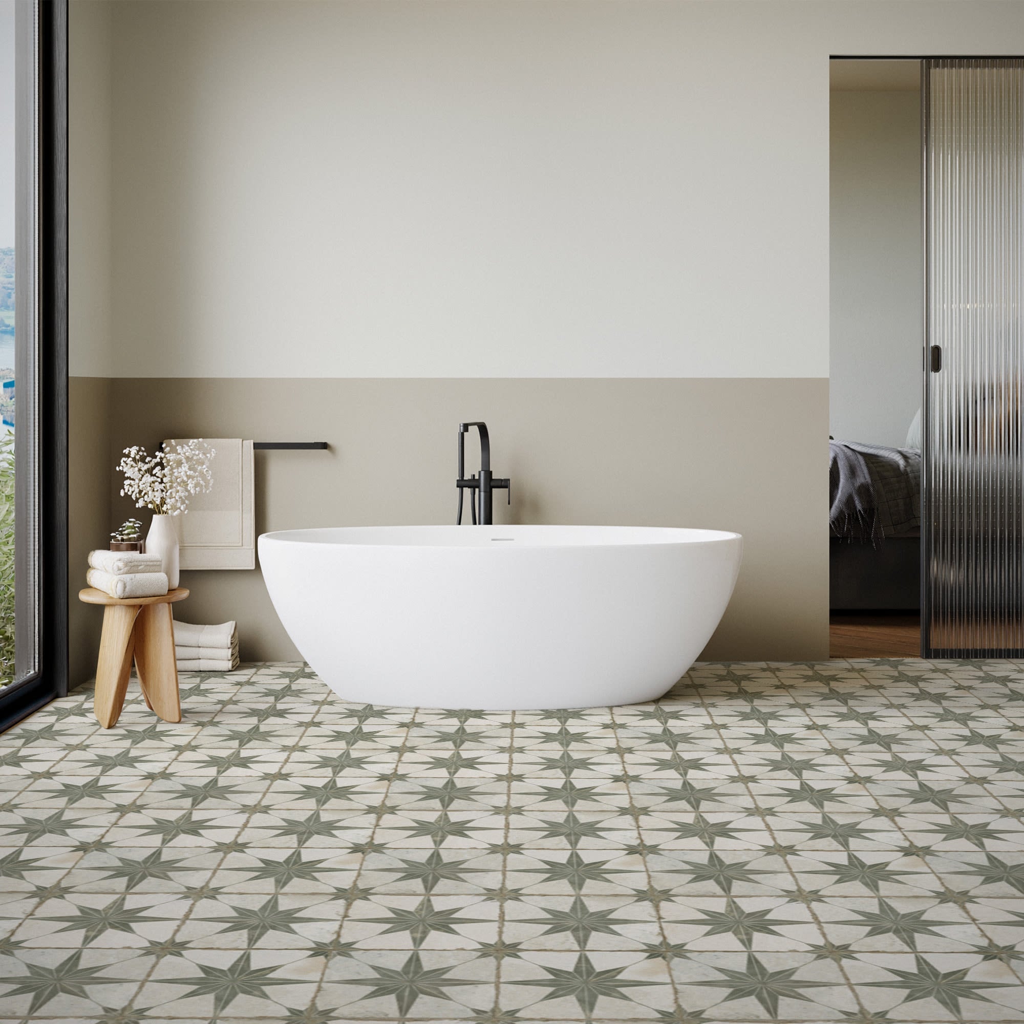 Carrelage Vintage effet Carreau ciment Etoile Verte et Fond Blanc 45x45x0,95 cm Sparta - Sol et mur intérieur Peronda