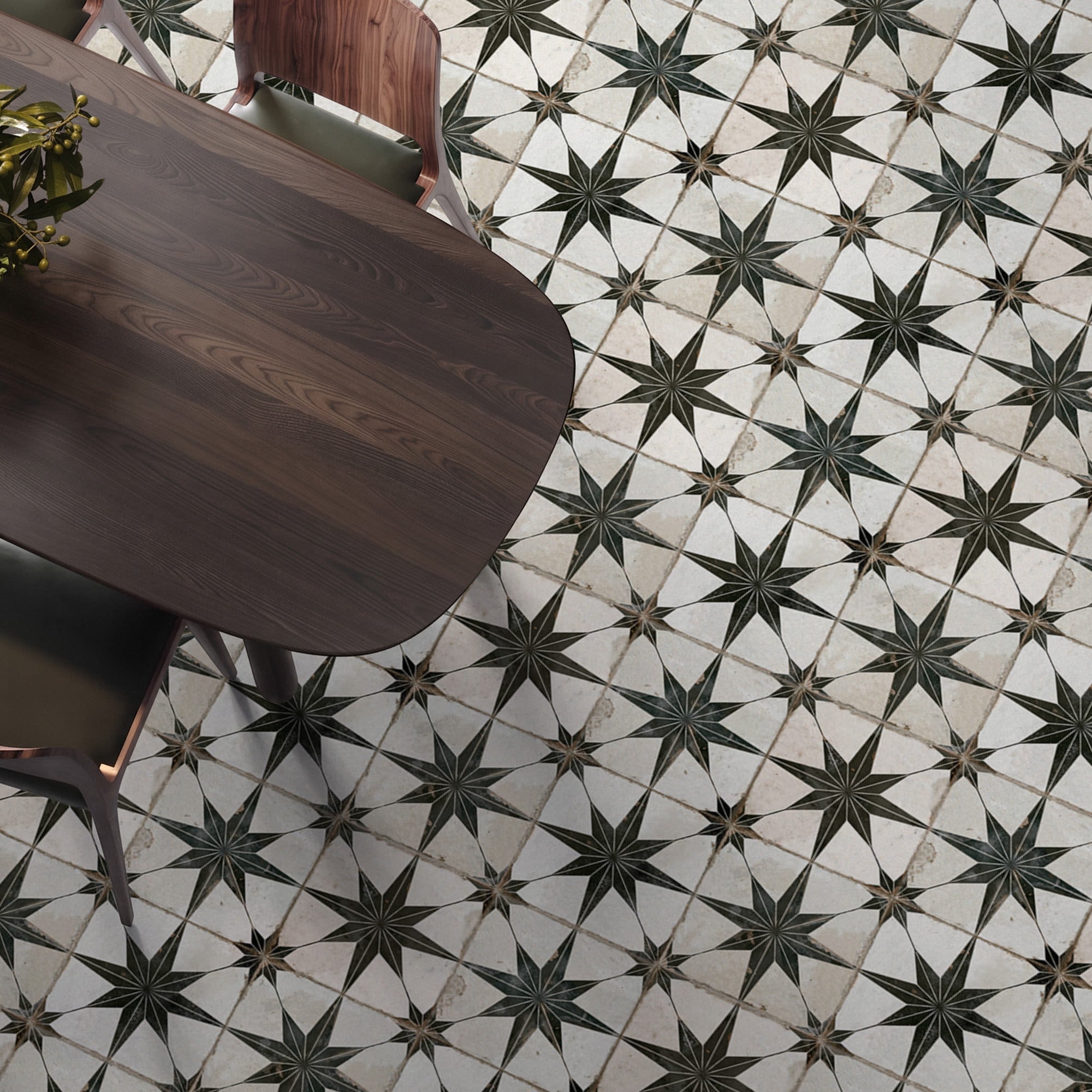 Carrelage Vintage effet Carreau ciment Etoile Noire et Fond Blanc 45x45x0,95 cm Sparta - Sol et mur intérieur Peronda