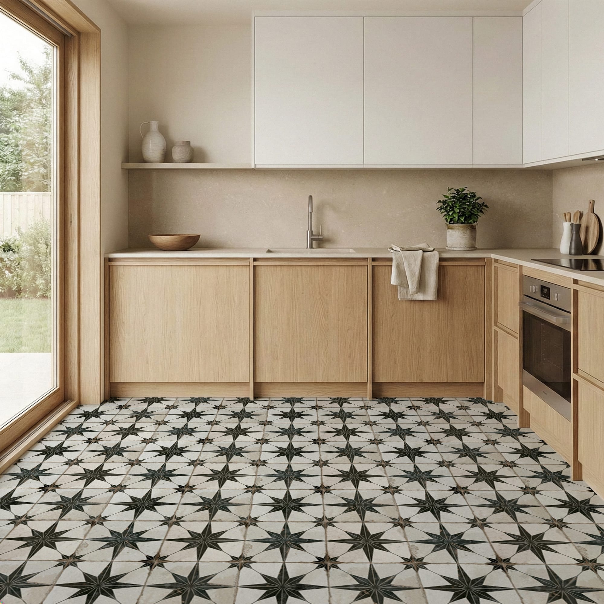 Carrelage Vintage effet Carreau ciment Etoile Noire et Fond Blanc 45x45x0,95 cm Sparta - Sol et mur intérieur Peronda