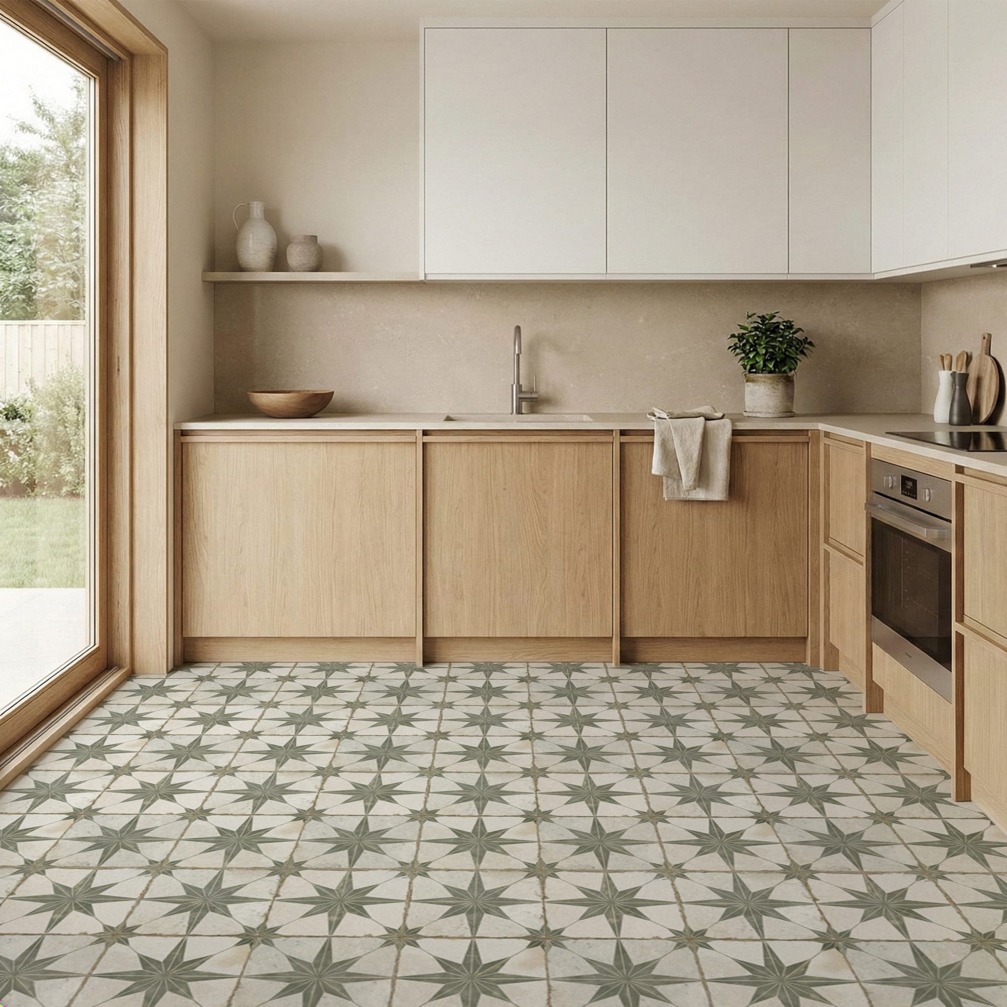 Carrelage Vintage effet Carreau ciment Etoile Verte et Fond Blanc 45x45x0,95 cm Sparta - Sol et mur intérieur Peronda
