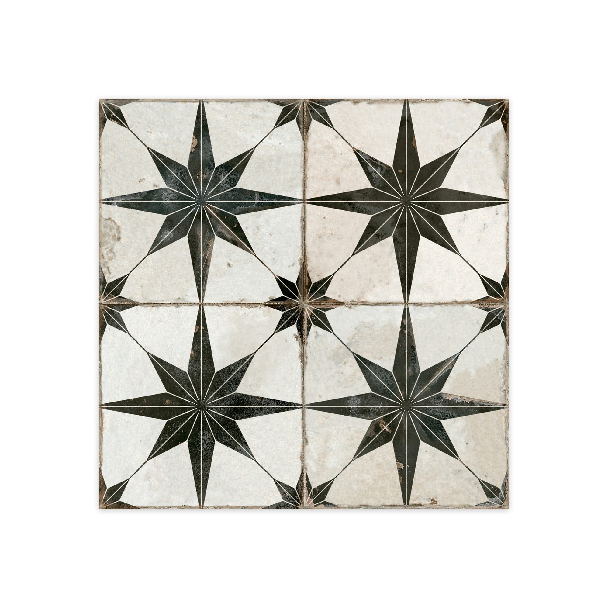 Carrelage Vintage effet Carreau ciment Etoile Noire et Fond Blanc 45x45x0,95 cm Sparta - Sol et mur intérieur Peronda