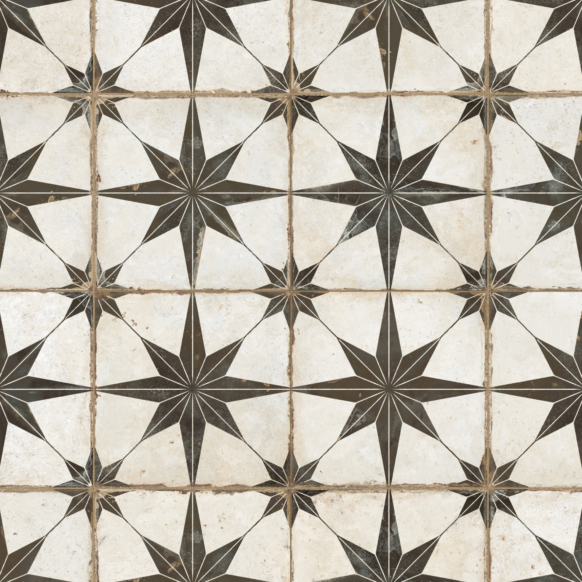 Carrelage Vintage effet Carreau ciment Etoile Noire et Fond Blanc 45,2x45,2x0,95 cm In&Out Sparta - Sol et mur intérieur et Sol extérieur Peronda