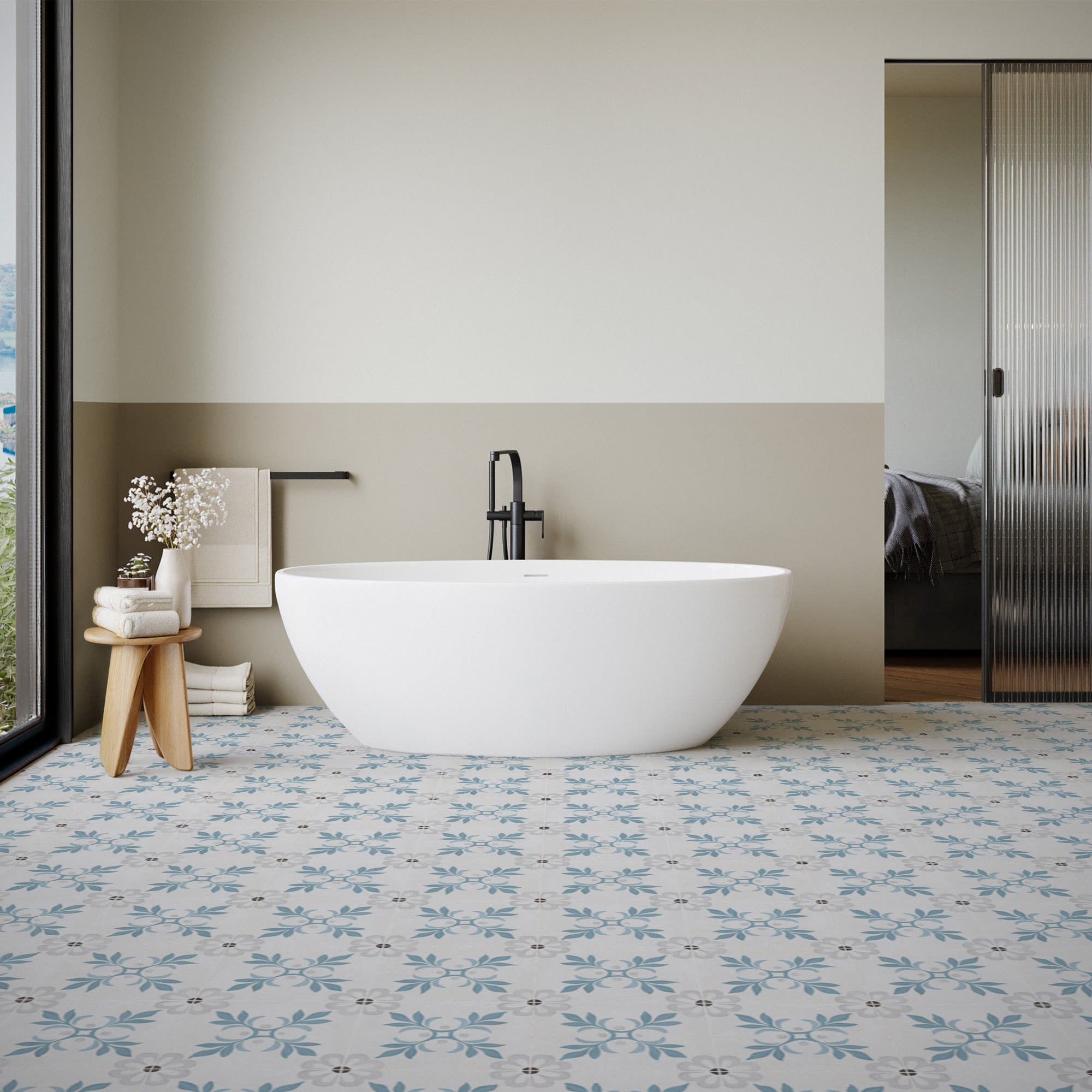Carrelage effet Carreau ciment Roselis Bleu 22,3x22,3x0,9 cm Ventoril - Sol et mur intérieur Peronda