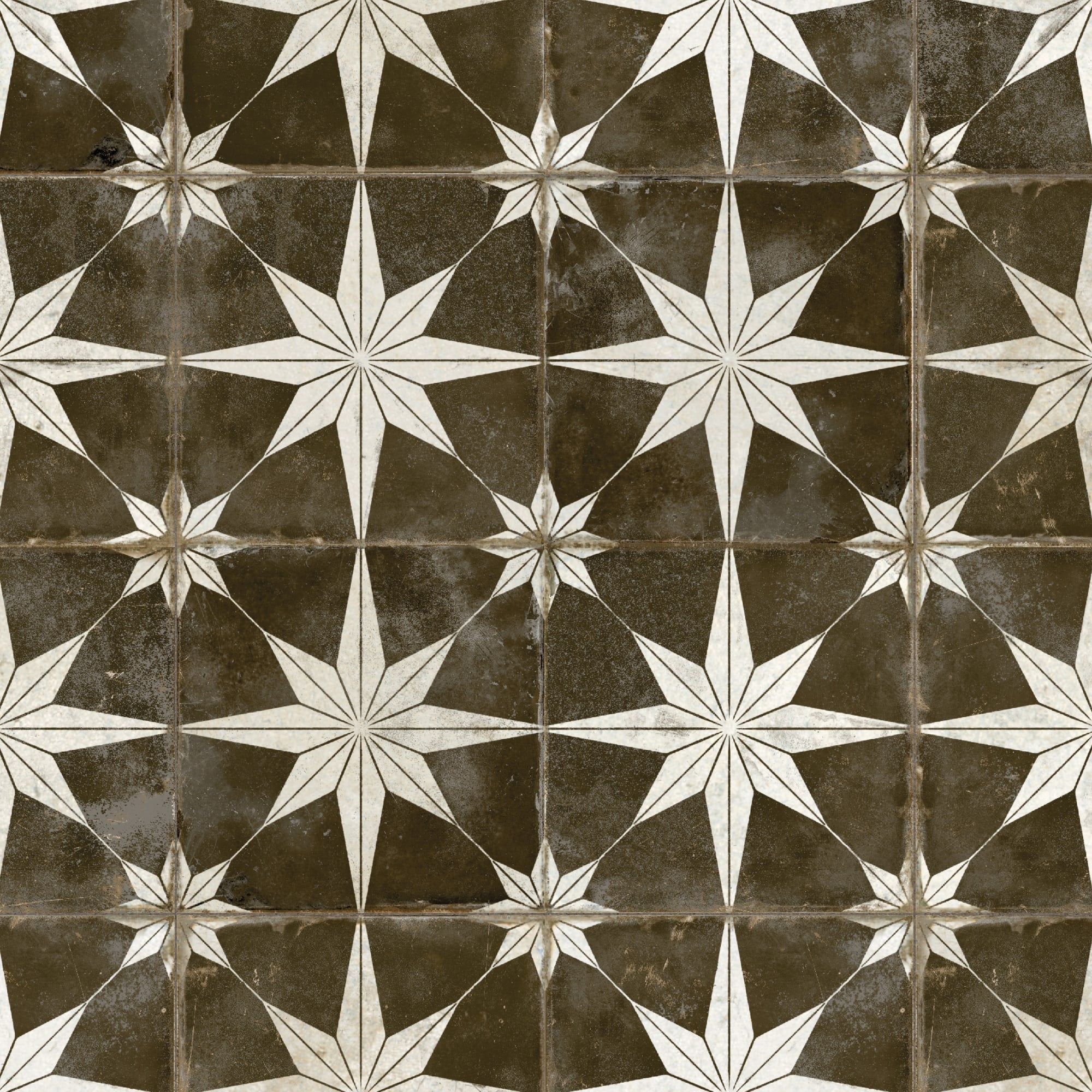 Carrelage Vintage effet Carreau ciment Etoile Blanche et Fond Noir 45x45x0,95 cm Sparta - Sol et mur intérieur Peronda