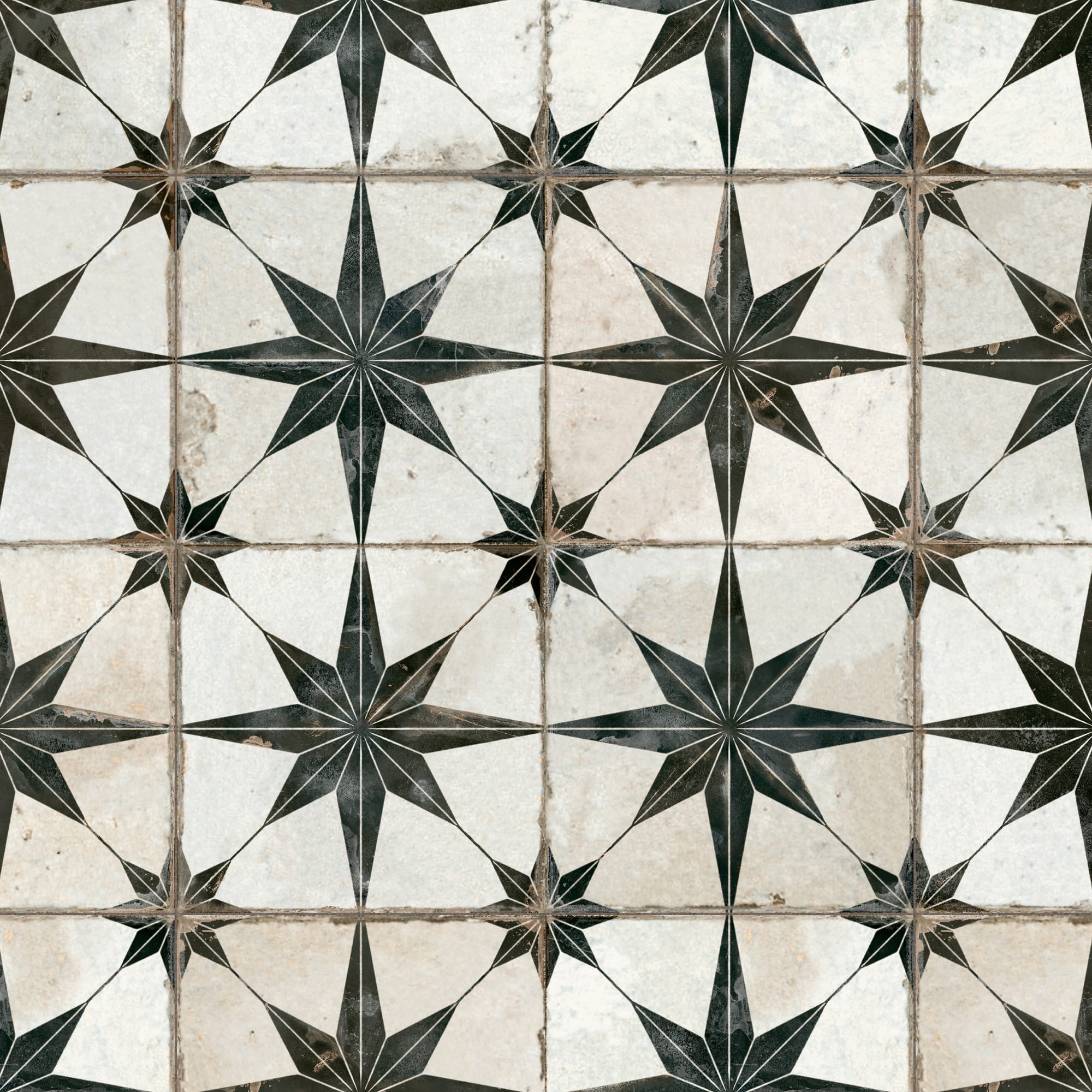 Carrelage Vintage effet Carreau ciment Etoile Noire et Fond Blanc 45x45x0,95 cm Sparta - Sol et mur intérieur Peronda